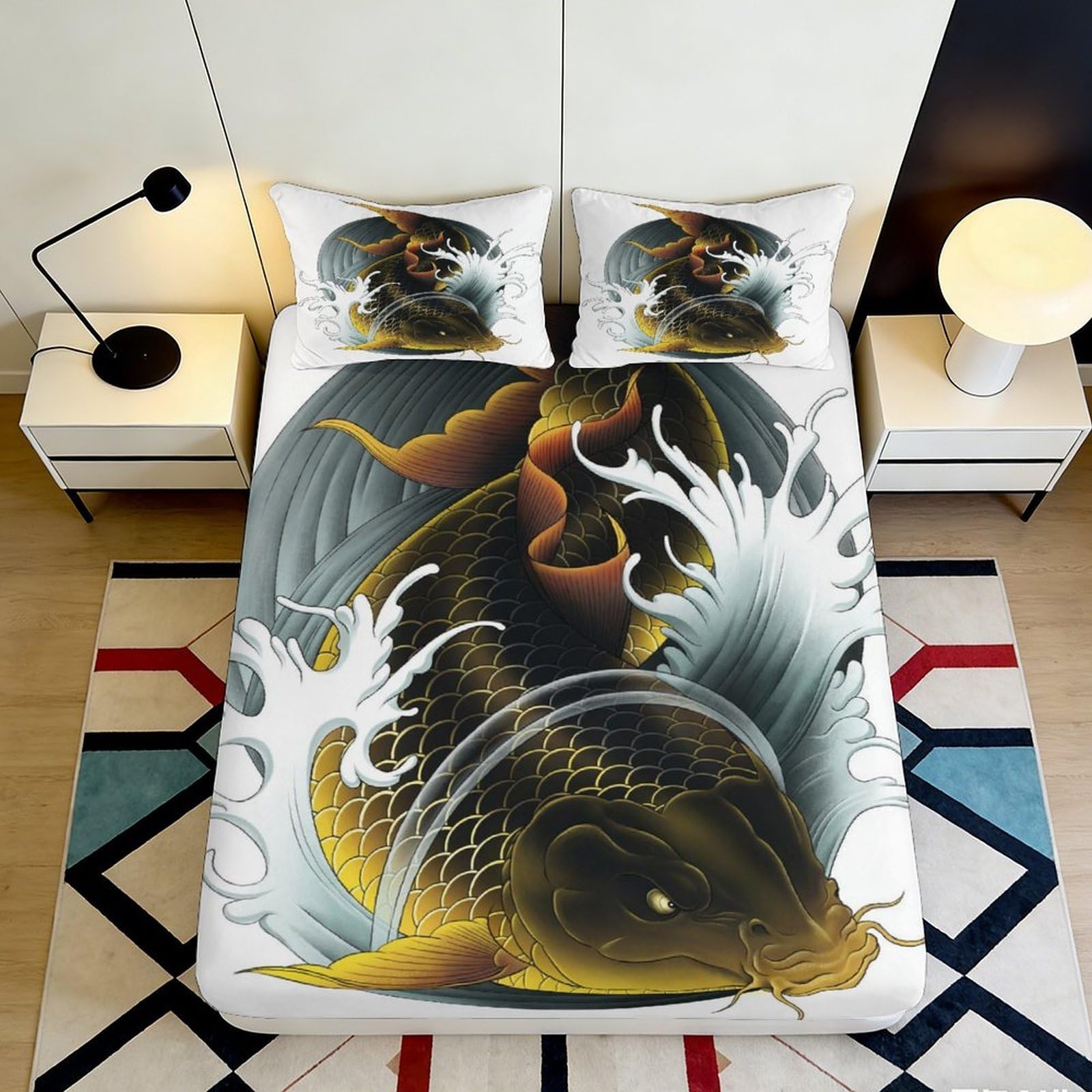 Pnayamiorkfel Style-2 3D Printed Japanese Koi Wave Fitted Sheet Microfiber Black Gold Fish Mattress Cover For Bedroom Home Decor 90X200x25cm