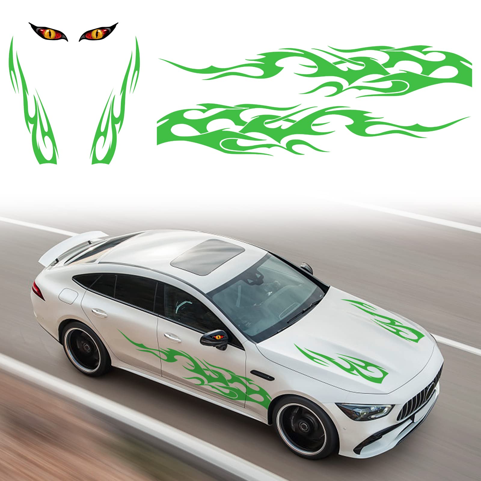 6PCS Universal Car Racing Body Side Stripe Skirt Decals Car Stripes Decals Auto Hood & Rearview Decoration Flame Eyes Pattern Graphics Decal Vinyl Sticker for All Cars (Green)