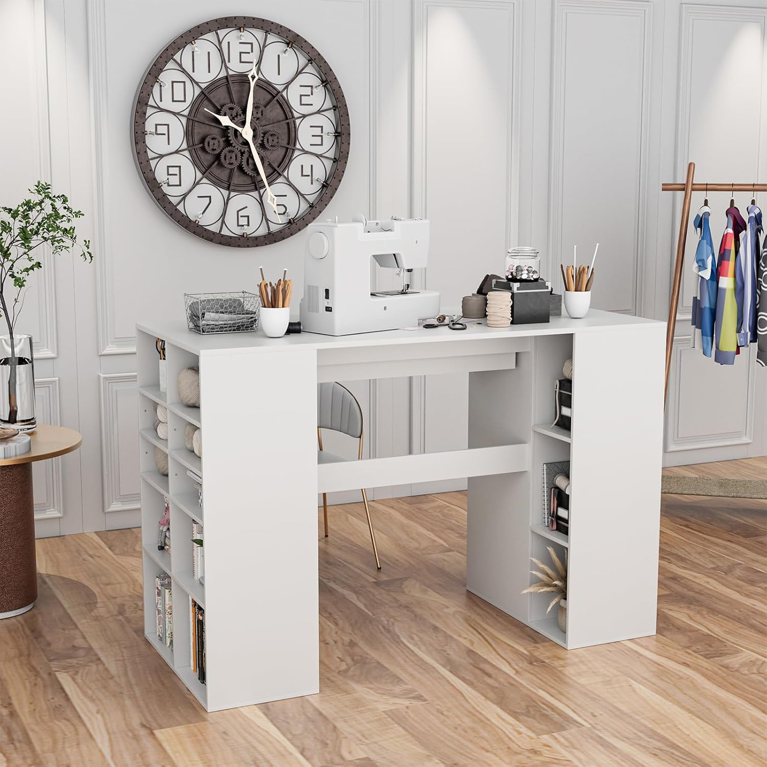 Giantex Craft Table with Storage, 53'' Artwork Sewing Table with 14 Cube Storage Shelves, Large Drawer, Cabinet with 2 Shelves, 36'' Counter Height Sewing Workstation White Drafting Writing Desk