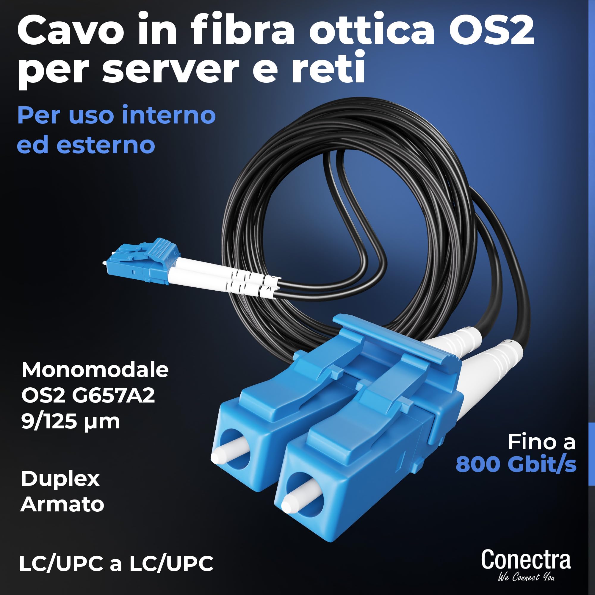 200m Cavo Fibra Ottica Armato OS2 Duplex Breakout LC/UPC, Bretella Ottica Monomodale G657A2 9/125µm, LSZH Interno/Esterno, Prolunga Fibra Cavo Corazzato Patch Rete Industria ⌀3mm Nero
