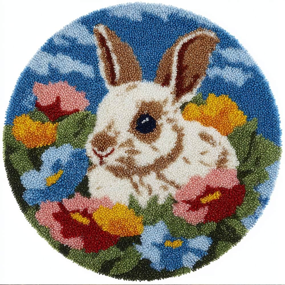 kitphoenix Round Shape Latch Hook Kits Rug Rabbit DIY Cushion Rug Carpet Making Crochet Hook Kits Preprinted Pattern Canvas Cushion Yarn Hooking Kits Mat Kits 50X50Cm