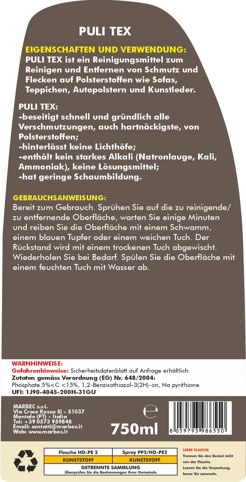 MARBEC PULI TEX 750MLX6STCK Waschender Reiniger für Polster, Sofas und Teppiche