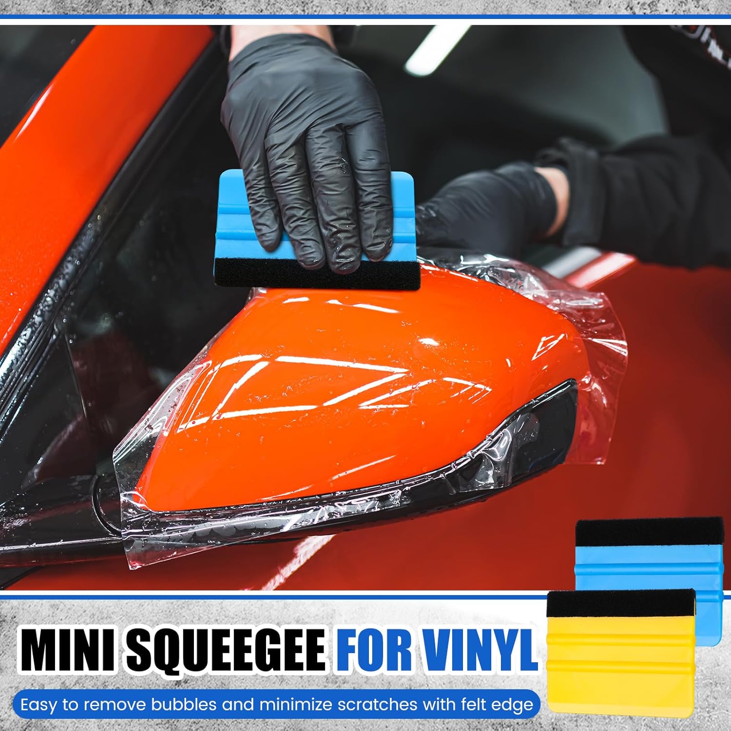 Lasnten 100 Pcs Squeegee for Vinyl Decal Tools 4 Inch Felt Edge Squeegee for Car Window Windshield Glass Cleaning Tool Vinyl Scraper Applicator Tool with Black Fabric Felt Edge, Blue Yellow