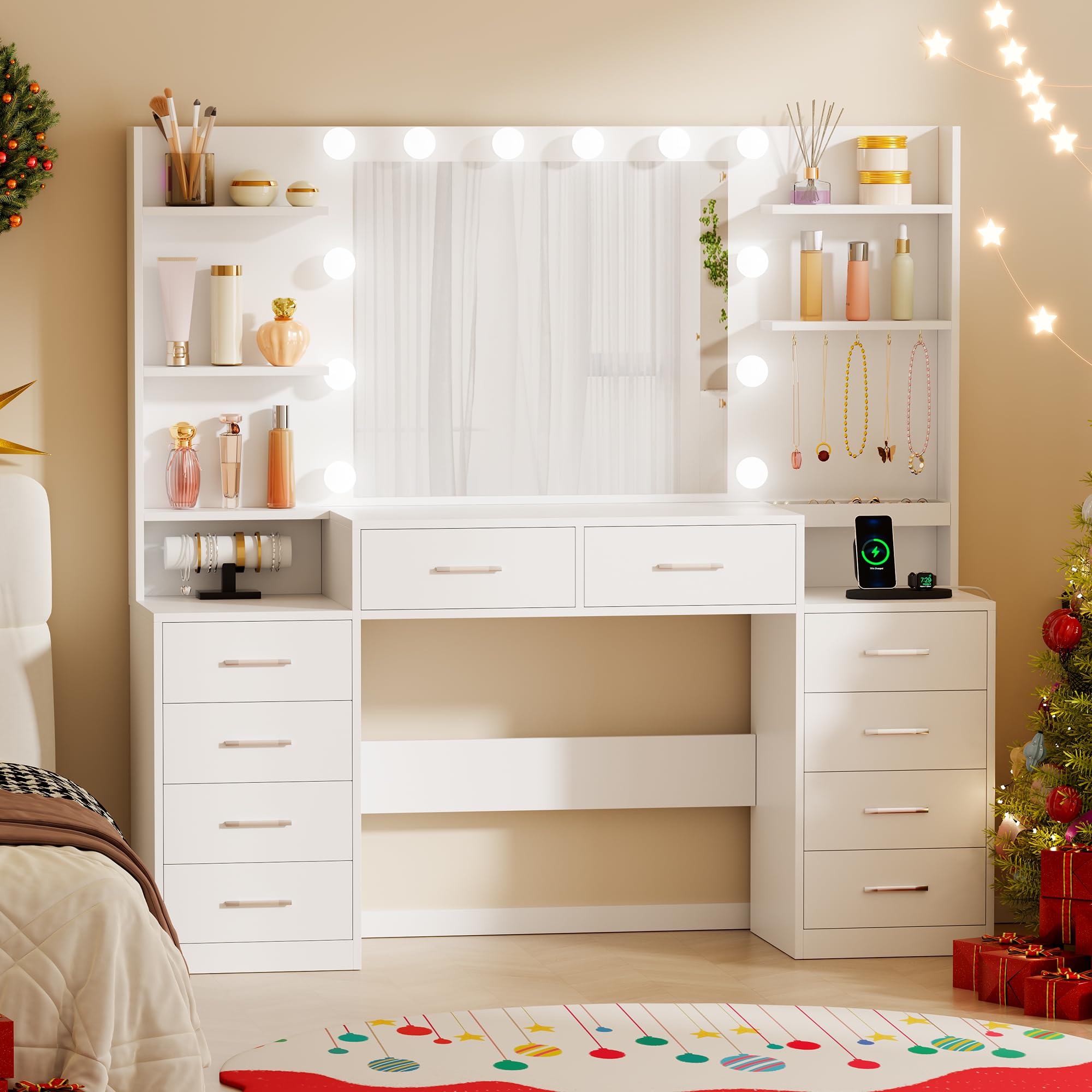 BEWISHOME Toletta da Trucco con Specchio Contenitore per Gioielli,Toletta da Trucco con Luci LED e Prese,Luminosità Regolabile,Toeletta con 10 Cassetti,5 Aperti,5 Ganci,Moderno Bianco EFST52M