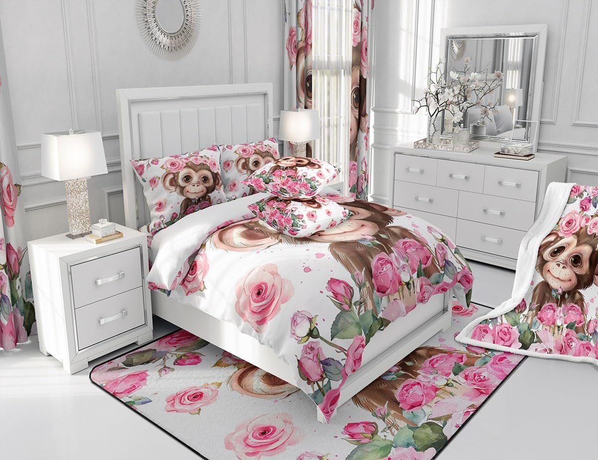 Cute Monkey Comforter Set Twin Size,Cartoon Wild Animal Kawaii Style Bedding Set for Kids Boys Men,Watercolor Pink Rose Flowers Floral Quilted Duvet Set with 1 Pillowcase