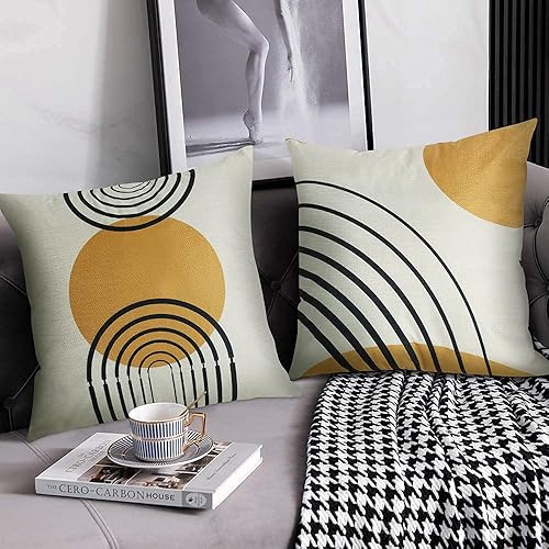 Miniatura 7 de Juego de 4 fundas de almohada de 18 x 18 pulgadas, patrón abstracto amarillo de mediados de siglo, moderno, simple, geométrico, círculo, rayas