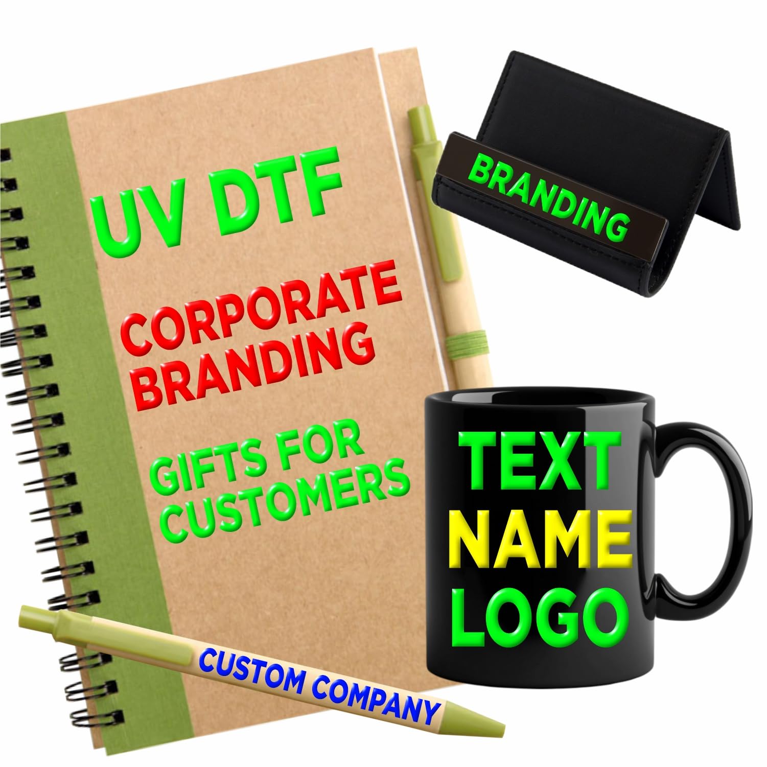 3D UV DTF Decals for Corporate Branding & Office Accessories – Custom Logos for Bottles, Folders, Pens, Door Signs & Name Plates | Raised Finish | Eco UV Inks