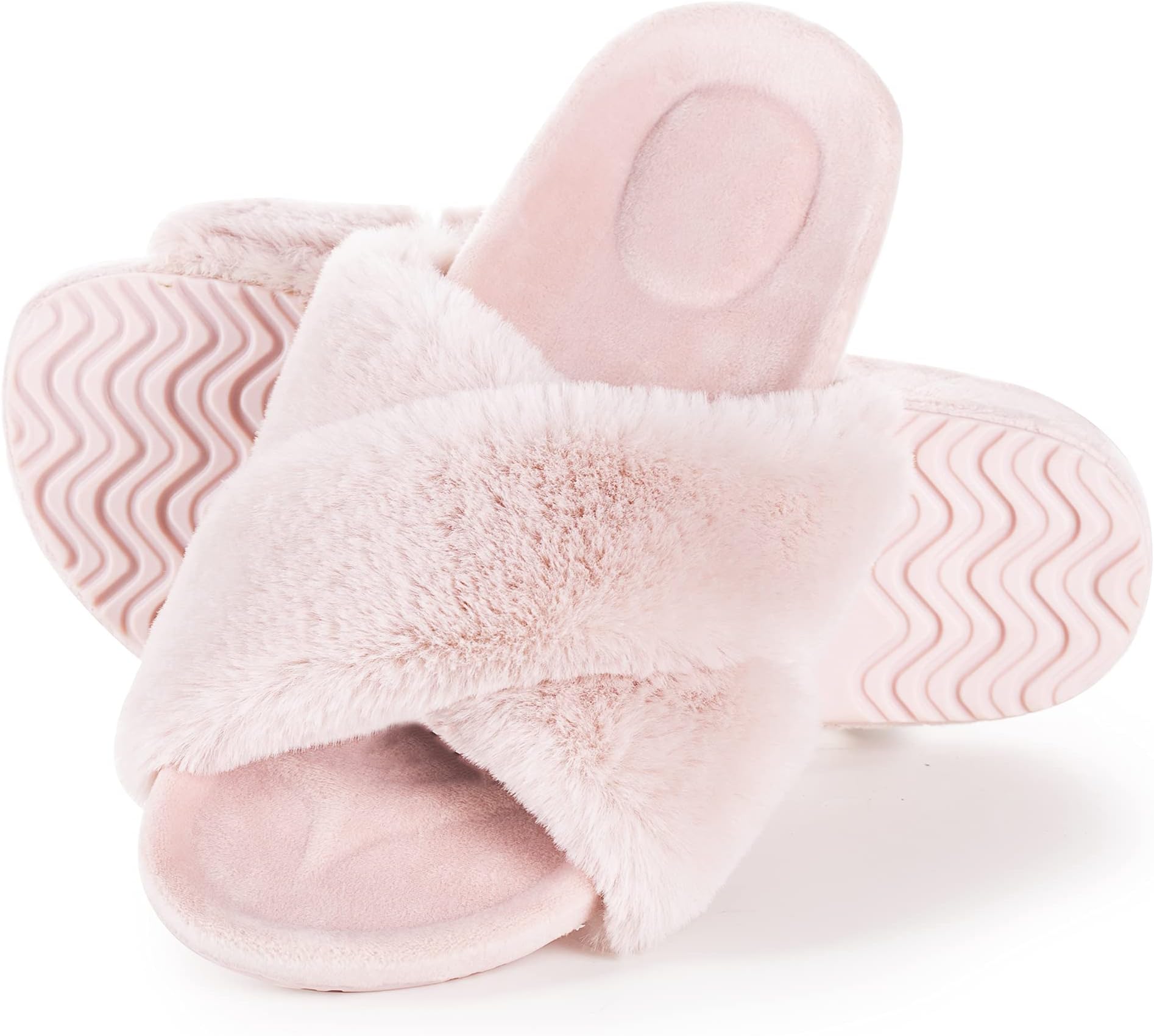 Womens Open Toe Fuzzy Slippers, Faux Fur Fluffy House Slides with Cork Footbed Size 4-9
