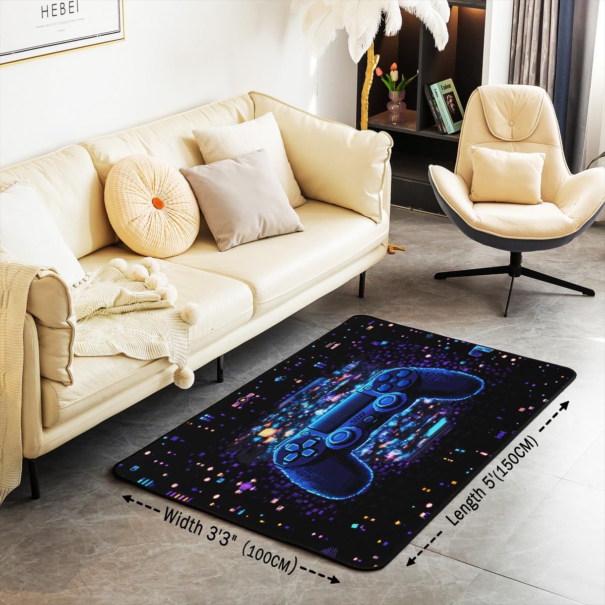 Loussiesd Dywan do salonu dla graczy, 100 x 150 cm, gamingowy dywan akcentujący dla chłopców, dziewcząt, nastolatków, nowoczesny kontroler konsoli do gier, mata podłogowa, joystick, czarno-niebieski,