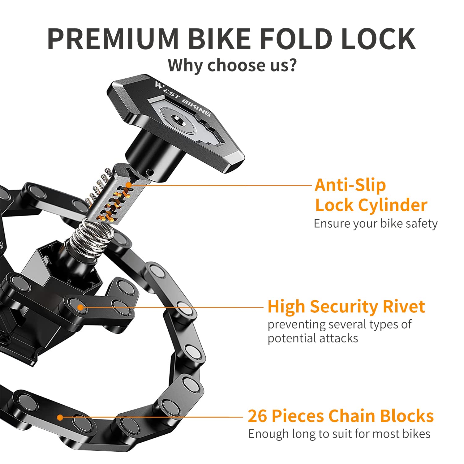 Candado de Cadena Plegable con Alto Nivel de Seguridad, 83cm, con Soporte y 2 Llaves, Cerradura E Scooter para Bicicleta de Montaña o de Carretera, BMX/MTB (Negro)