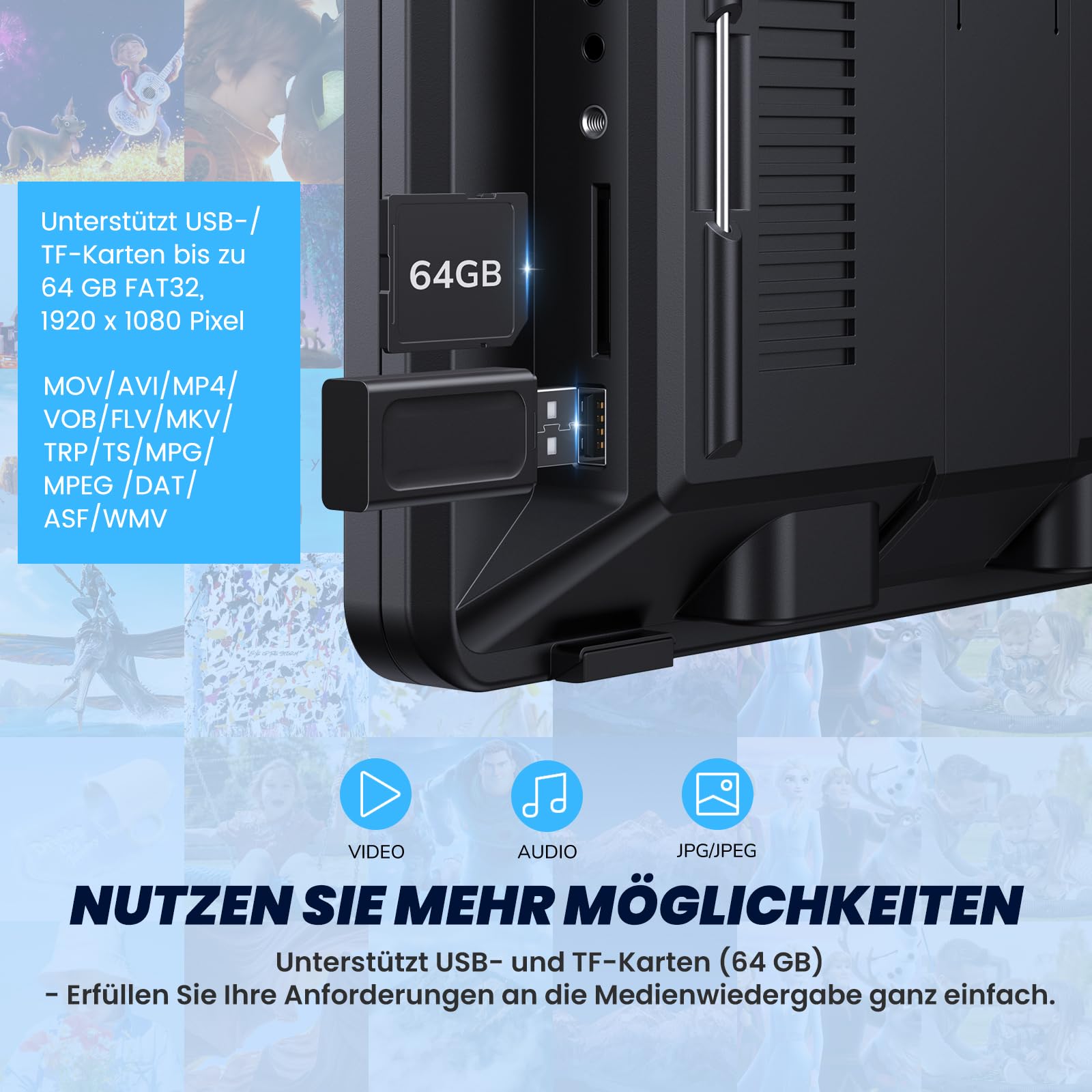 12'' Auto DVD Player für Kinder mit HDMI-Eingang, Tragbarer DVD-Player unterstützt USB/TF-Karte, AV-EIN- und -Ausgang, regionenfrei, letzter Speicher