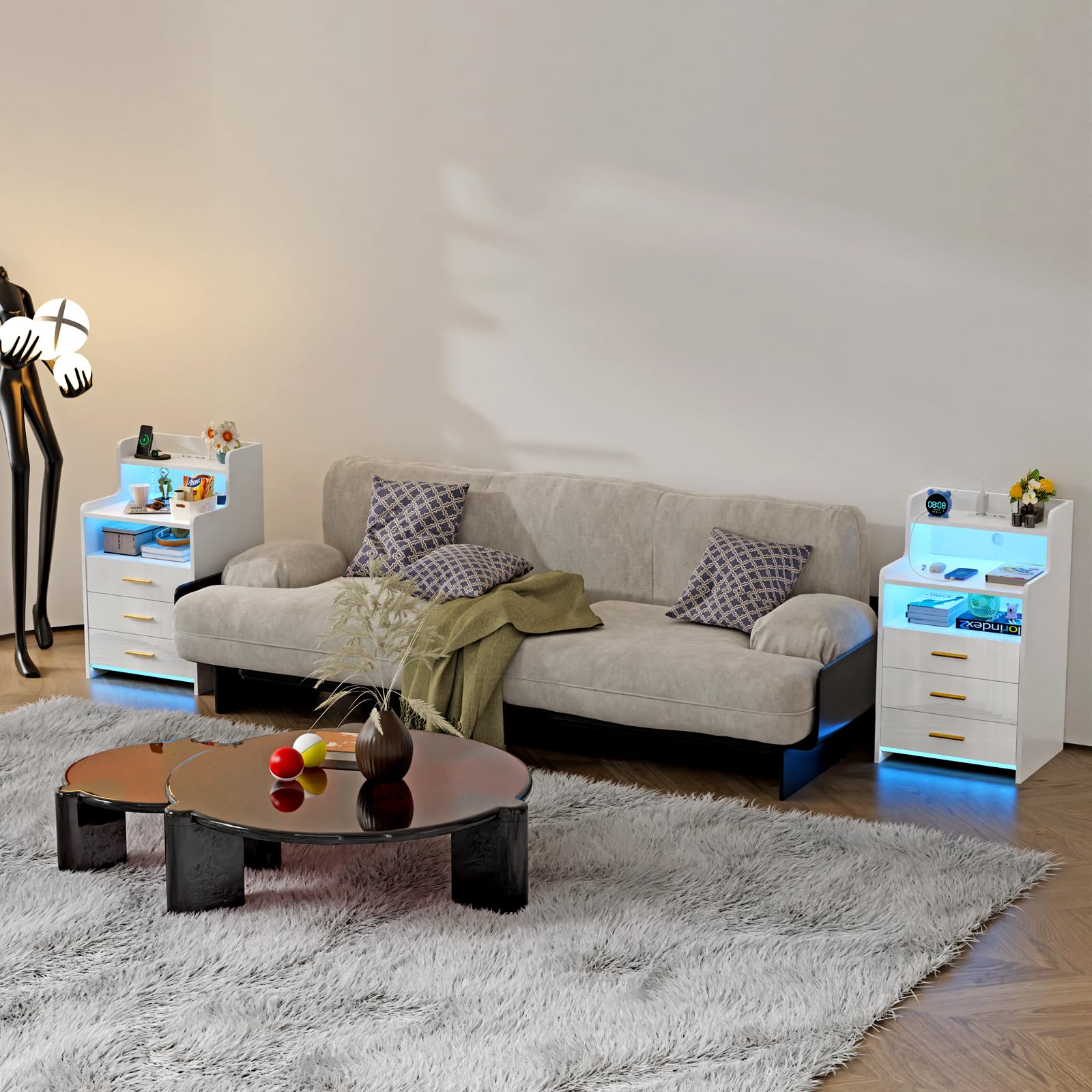 Mesita de Noche Blanca con luz LED - Mesa Auxiliar con Base de Carga, 3 cajón de Almacenamiento, Mesita de Noche para Dormitorio, Salón, 2 Puertos USB, 2 enchufes, Compartimento Abierto 45x40x76 cm