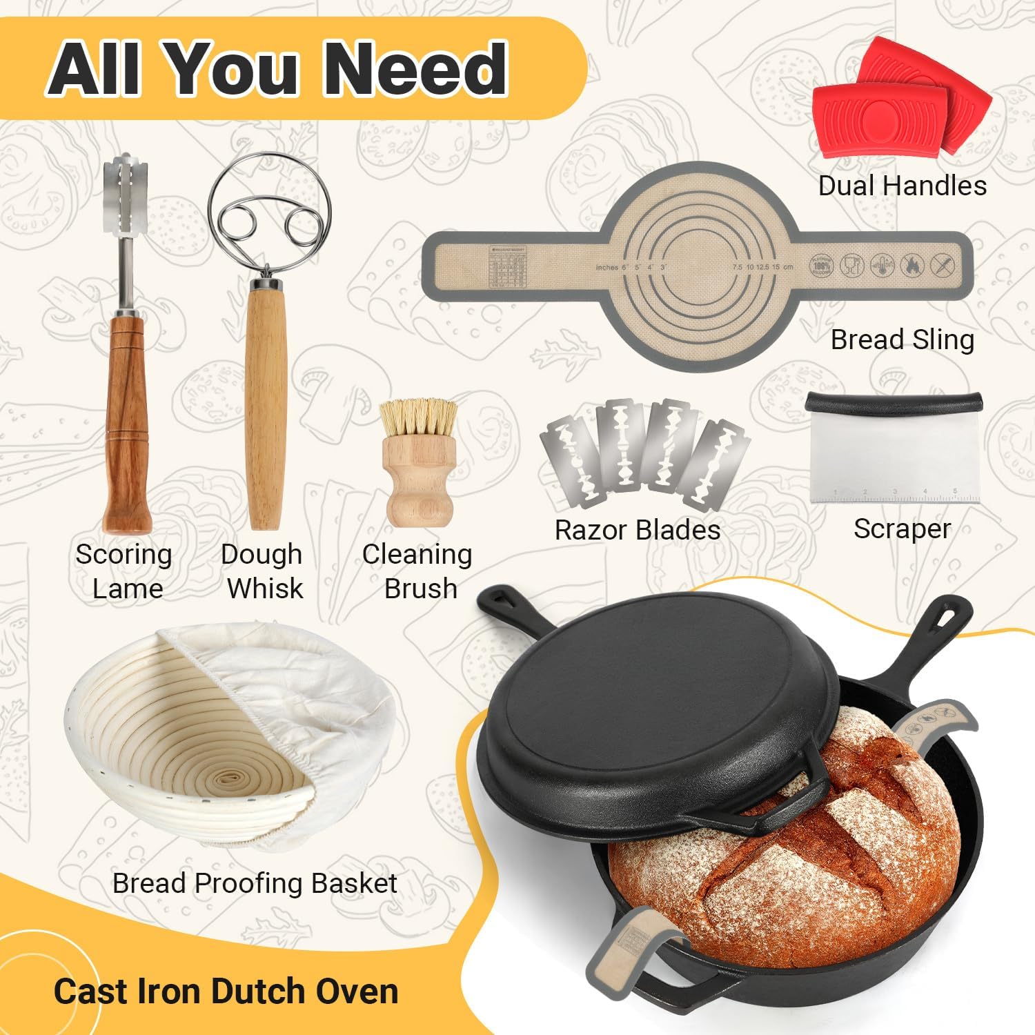 5 Qt Cast Iron Dutch Oven with Skillet Lid, 2-in-1 Sourdough Dutch Oven, Dutch Pot with Bread Baking Supplies