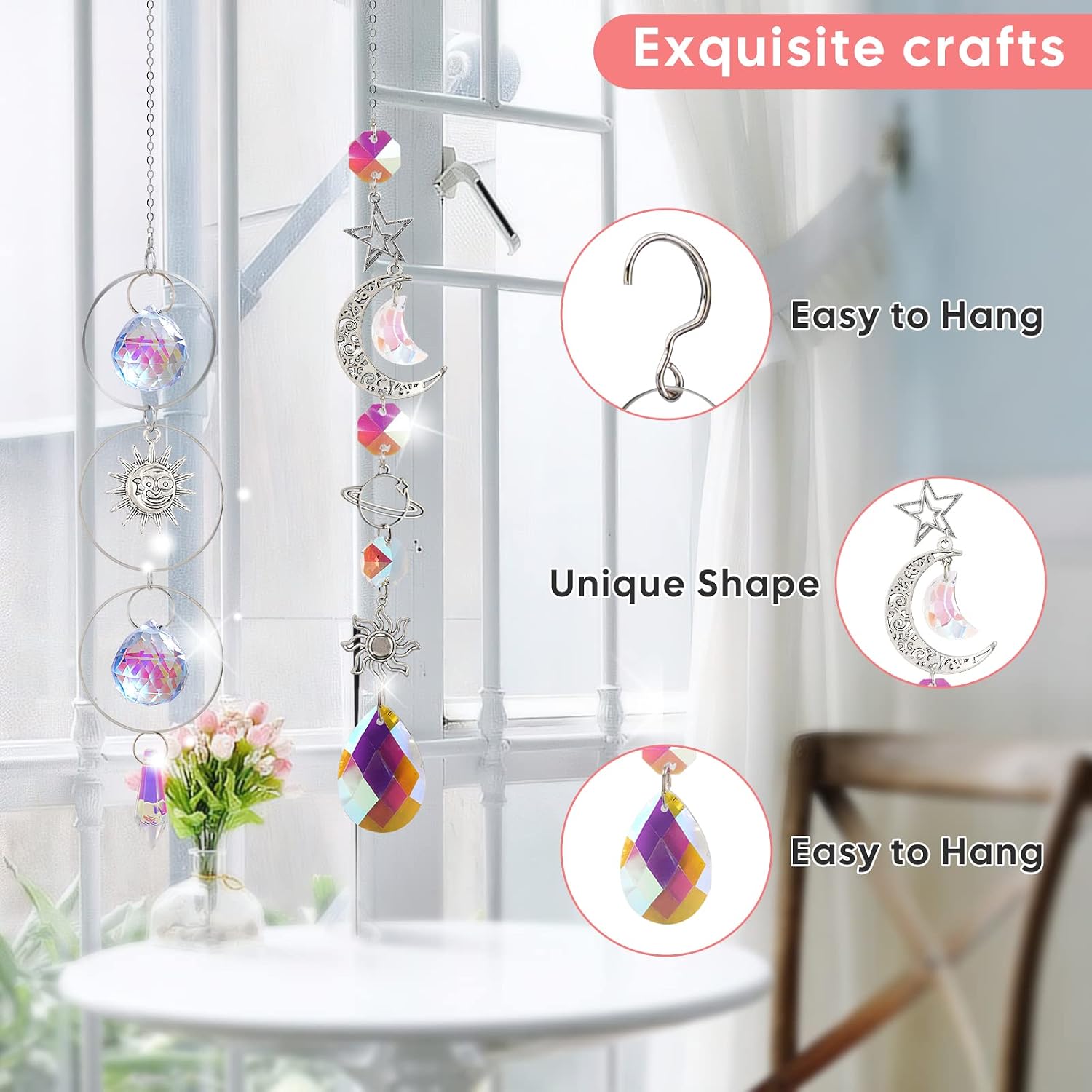 WIOR Crystal Suncatchers, 6 Pieces Sun Catchers, Colorful Crystals Suncatcher Hanging Sun Catcher with Chain Suncatchers Kit for Car Home Garden Christmas Day Party Wedding Decoration Gift