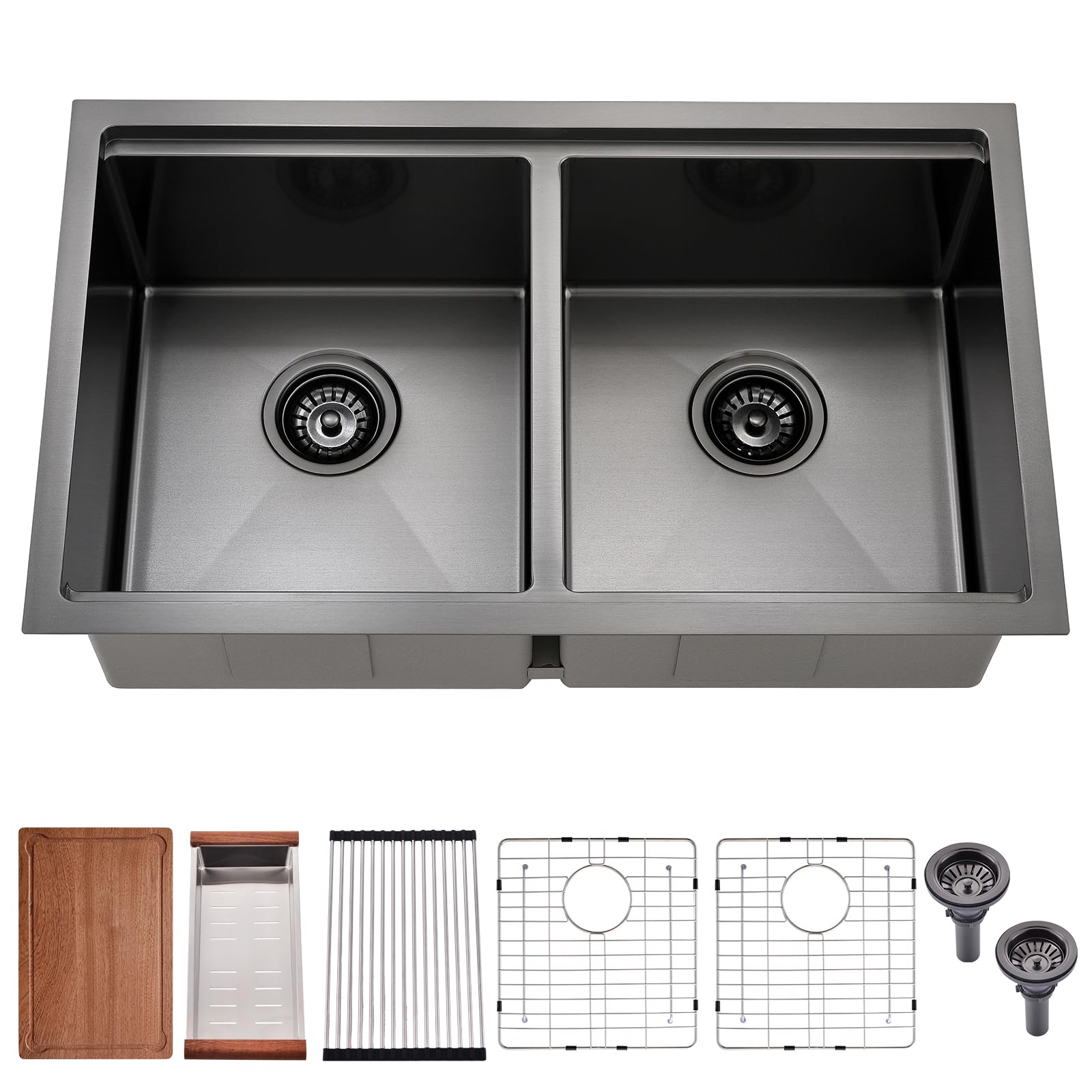 32 Inch Black Undermount Kitchen Sink Double Bowl - 32x19 Undermount Workstation Sink 16 Gauge Black Stainless Steel 10 Inch Deep Double Bowl Kitchen Sinks