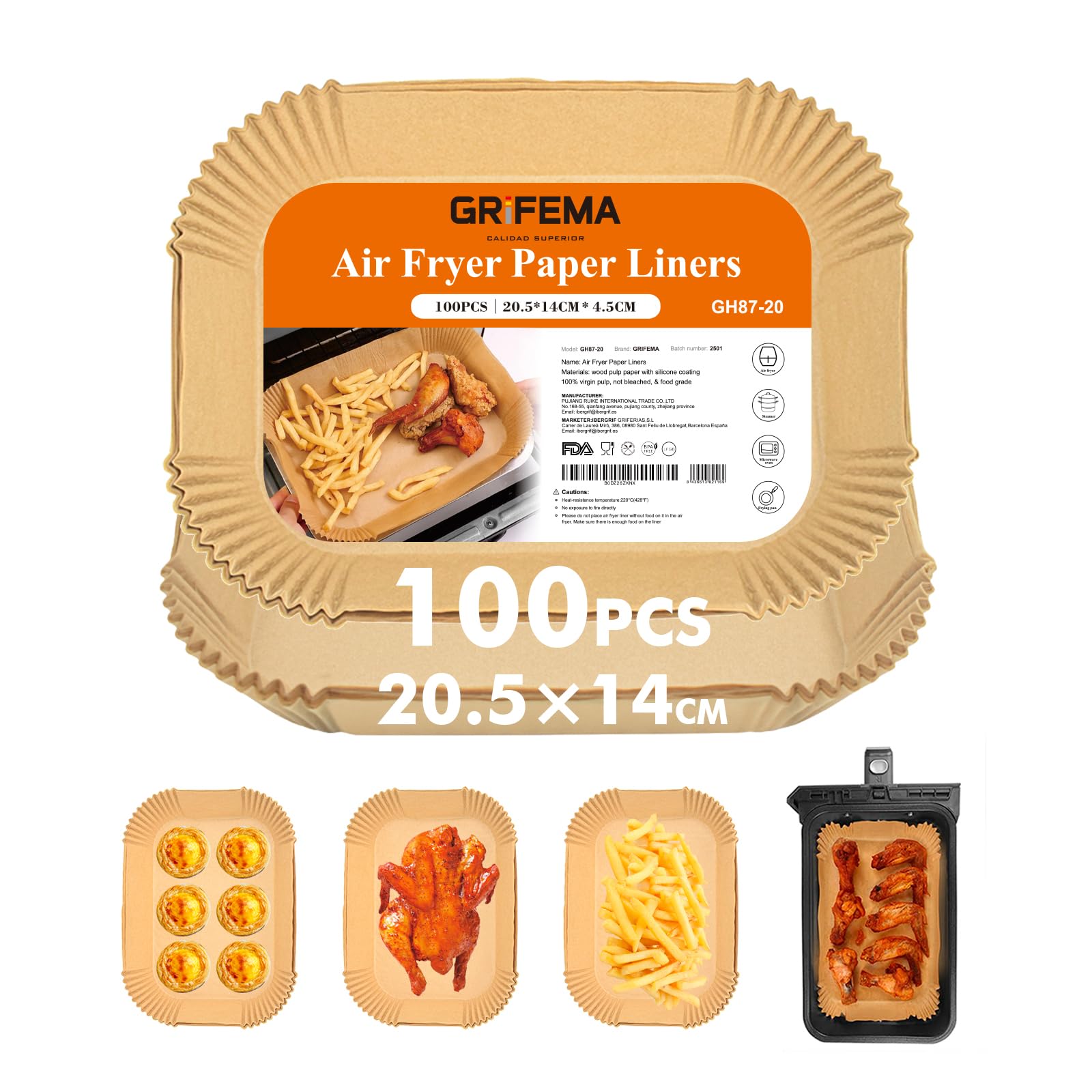 GRIFEMA Papel Freidora Aire Doble, SGS FSC y FDA, Air Fryer Papel para Freidora de Aire BPA free, Antigrasa, Papel Air Fryer con Freidora Aire Doble (20,5x14cm 100Piezas)