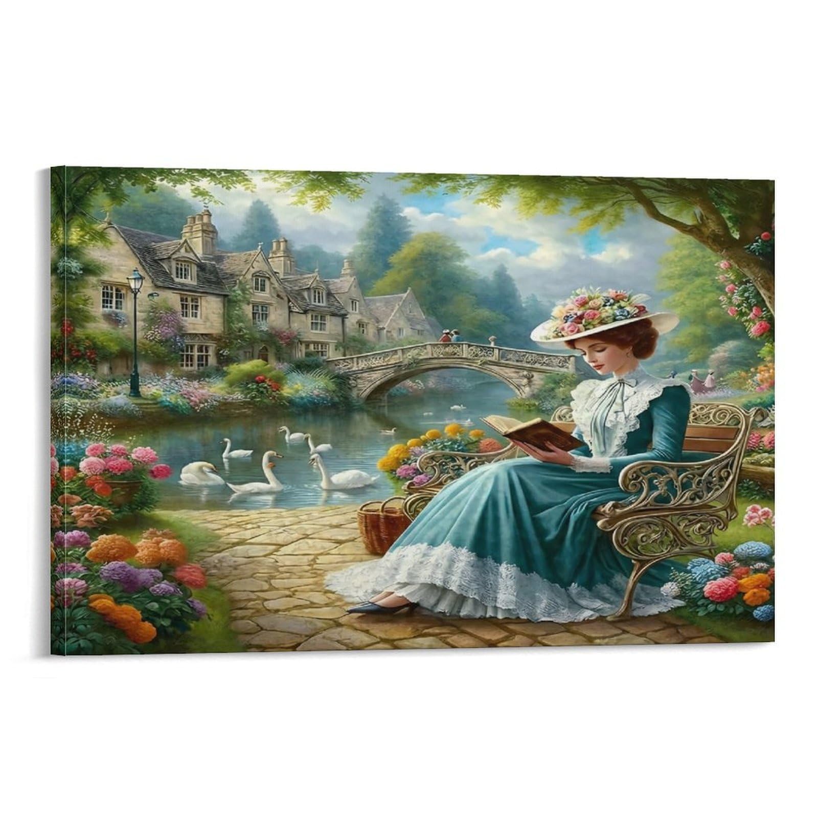 CPLVKWRQJ Victorian Lady Reading 1 Piece Lady Reading in Garden Canvas Art Decor - Bedroom Nursery Wall Hanging Space Saving Ready to Hang 16x24inch(40x60cm)
