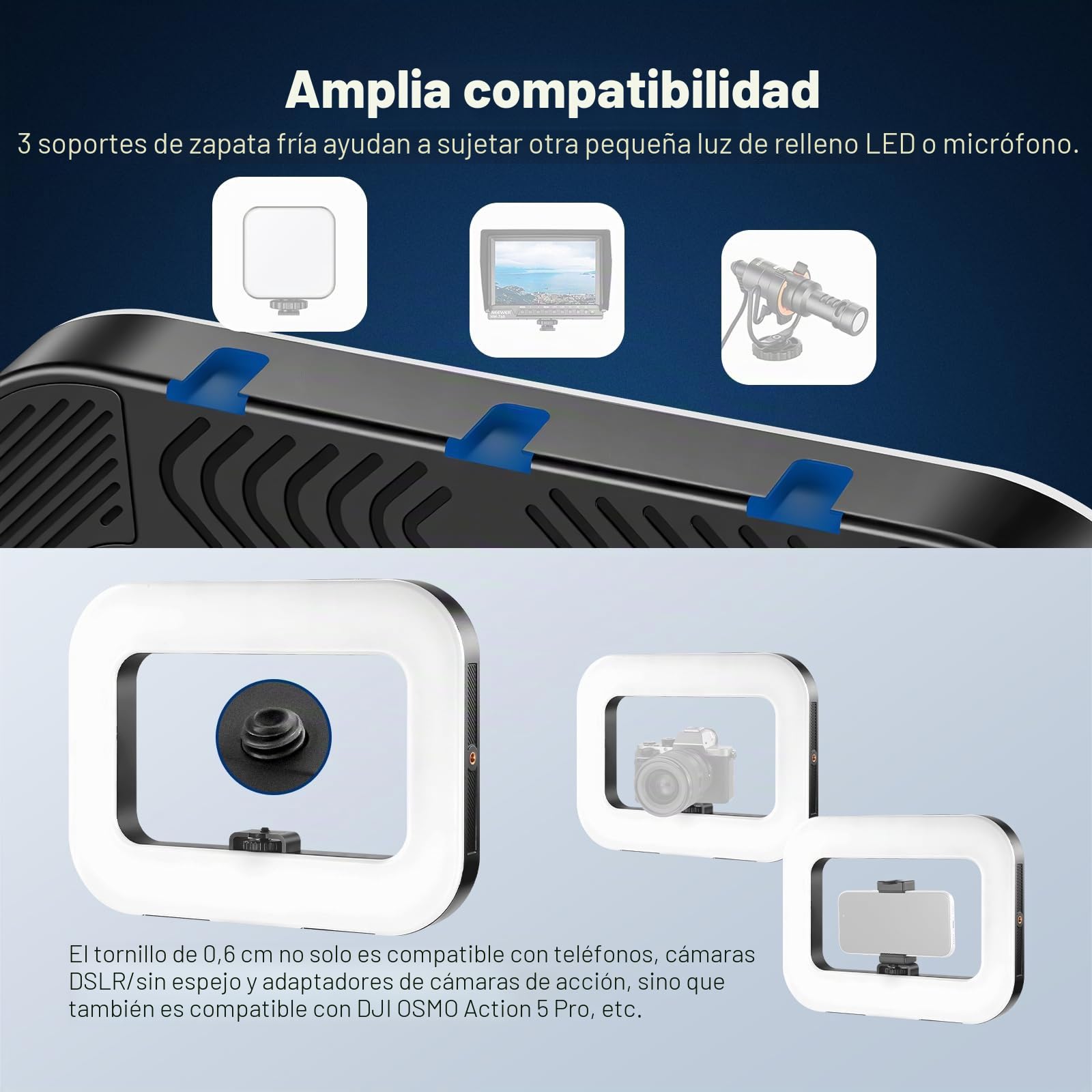 NEEWER Entry Level Version Móvil Video Rig con Foco Luz, Estabilizador Mano con 20W Bi Color LED Cuadrado Aro Luz, 3 Zapatas Fría/5200mAh Batería /CRI80+ para Selfis Streaming Grabación Vlogs, NL200B