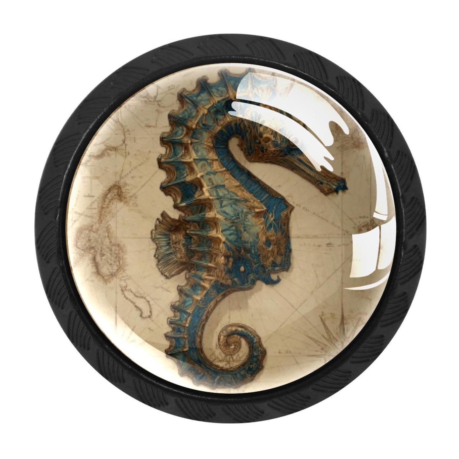 CHENZZZZ 4 PCS Seahorse Nautical Map (2) Crystal Glass Cabinet Knob Drawer Pull Handle for Kitchen Cupboard Dresser Wardrobe etc