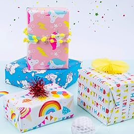 WRAPAHOLIC Birthday Wrapping Paper Sheet - 12 Sheets Unicorn Rainbow Pony Pink Blue Design Folded Flat for Birthday, Party, Baby Showers - 19.7 Inch X 30 Inch Per Sheet