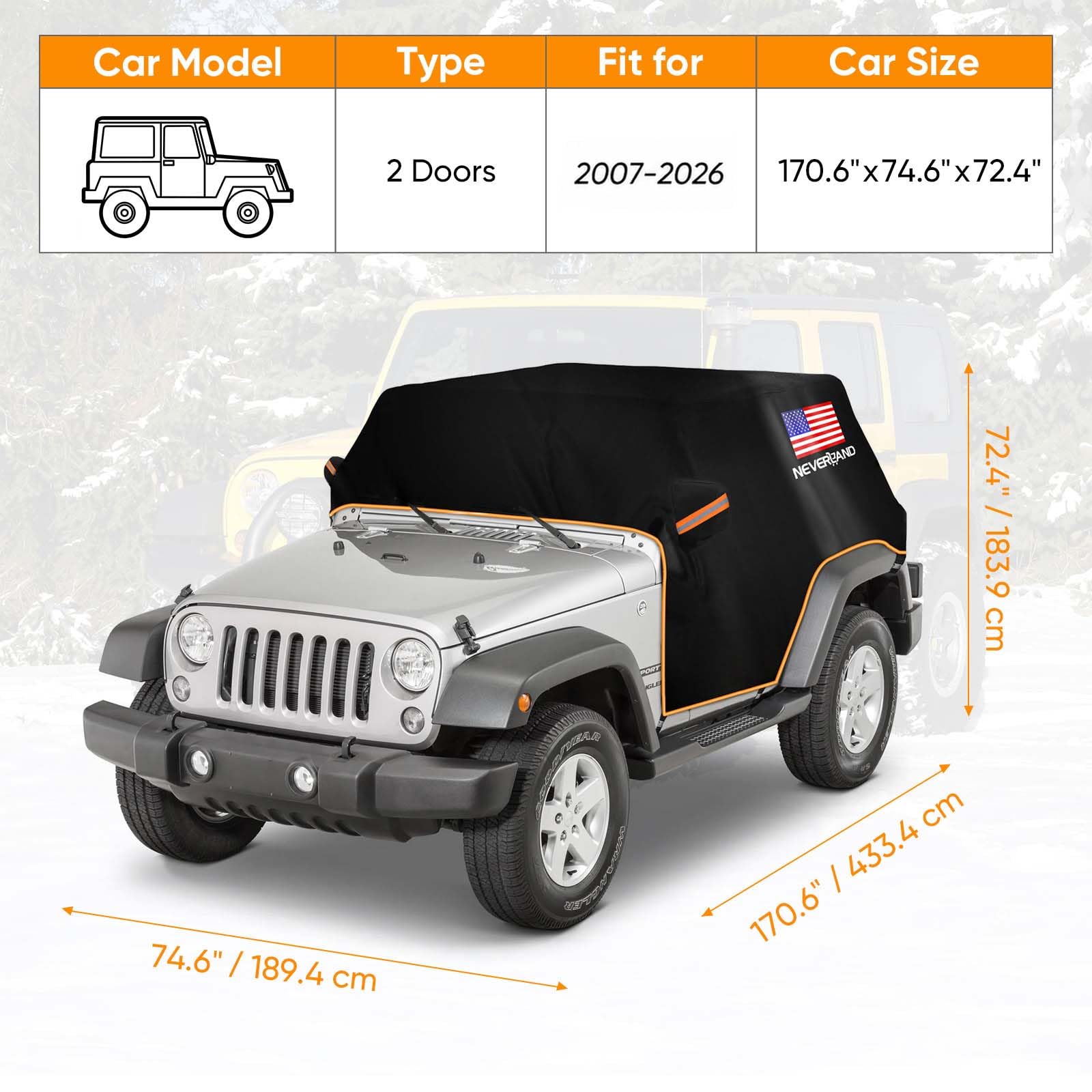 Wrangler pokrowiec na kabinę do 2007-2024 Jeep Wrangler JK JL 2-drzwiowy, NEVERLAND pół pokrowiec na samochód wodoodporny Oxford z paskiem odblaskowym, odporny na słońce pokrowiec na samochód kabiny