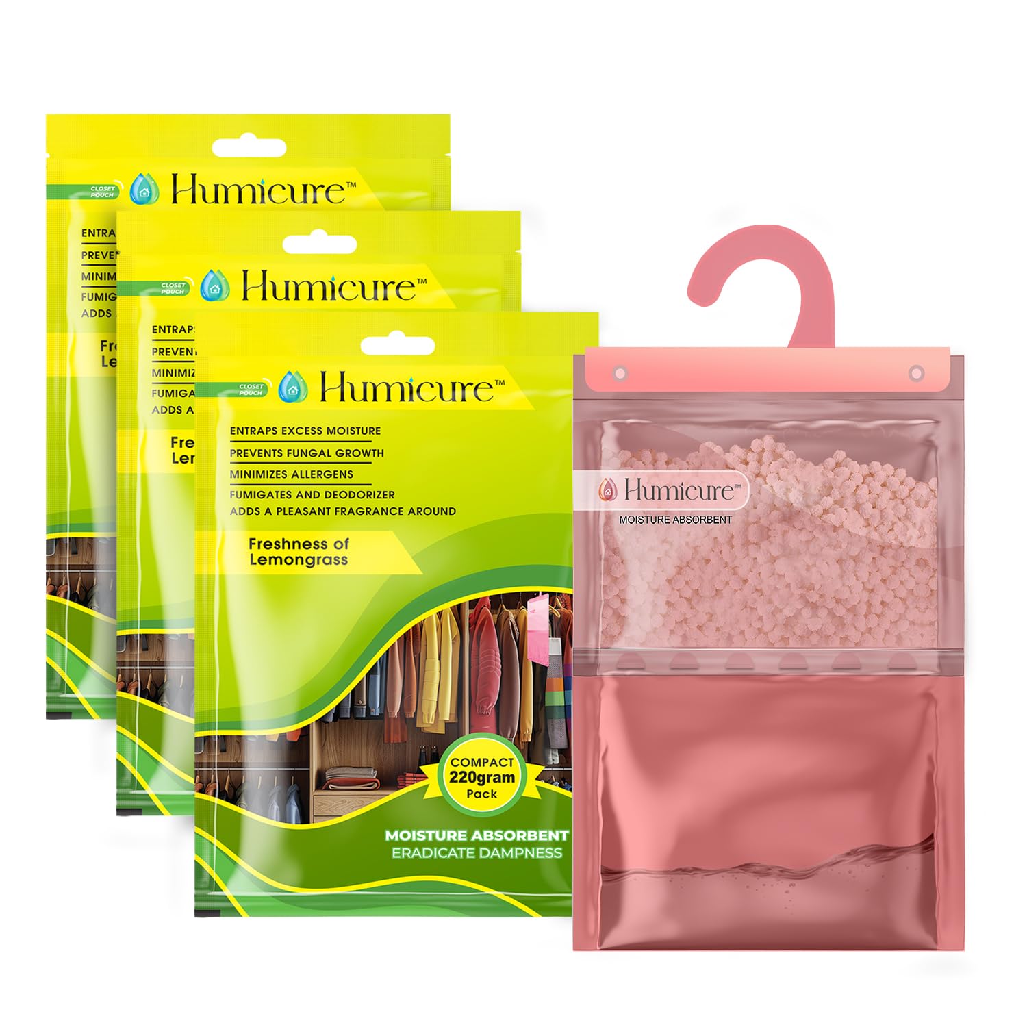 Humicure Moisture Absorber Dehumidifier | 500ml Absorption Capacity | Prevents Mold, Dampness & Odor in Wardrobe, Bathroom, Kitchen & Bedroom | 220g x 3 (Lemongrass)