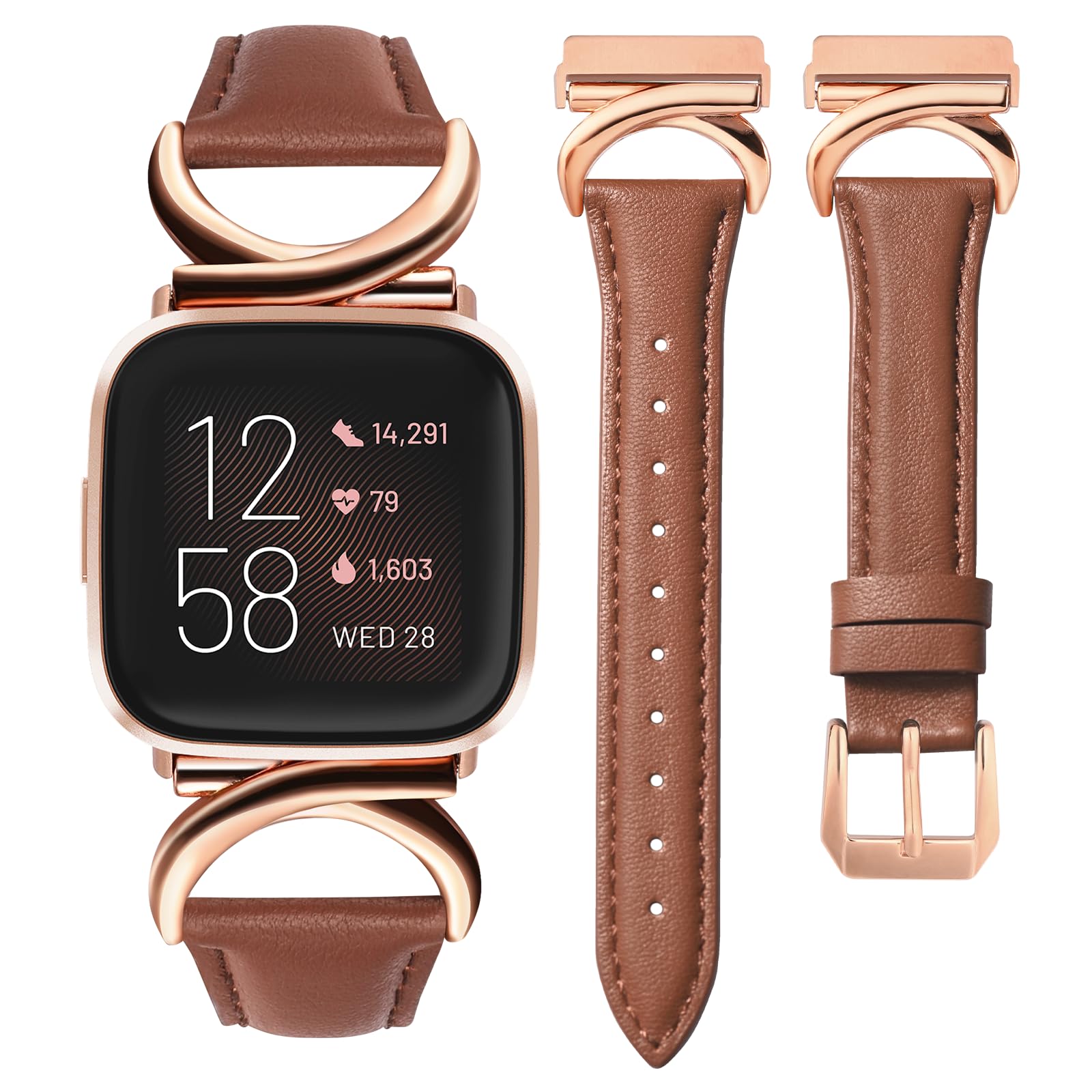 Minyee Leather Band Compatible with Fitbit Versa 2/Fitbit Versa/Versa Lite Bands Women, Slim Thin Dressy Designer Premium Leather Strap with C-Shape