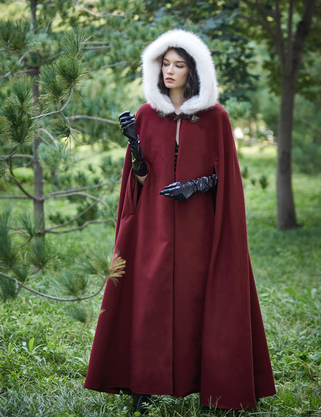 BEAUTELICATE Women Hooded Cape Coat Long Wool Cloak with Hood Vintage Overcoat Plus Size for Winter Wedding Bride Medieval Halloween Christmas Cosplay Costume 140cm - Image 3