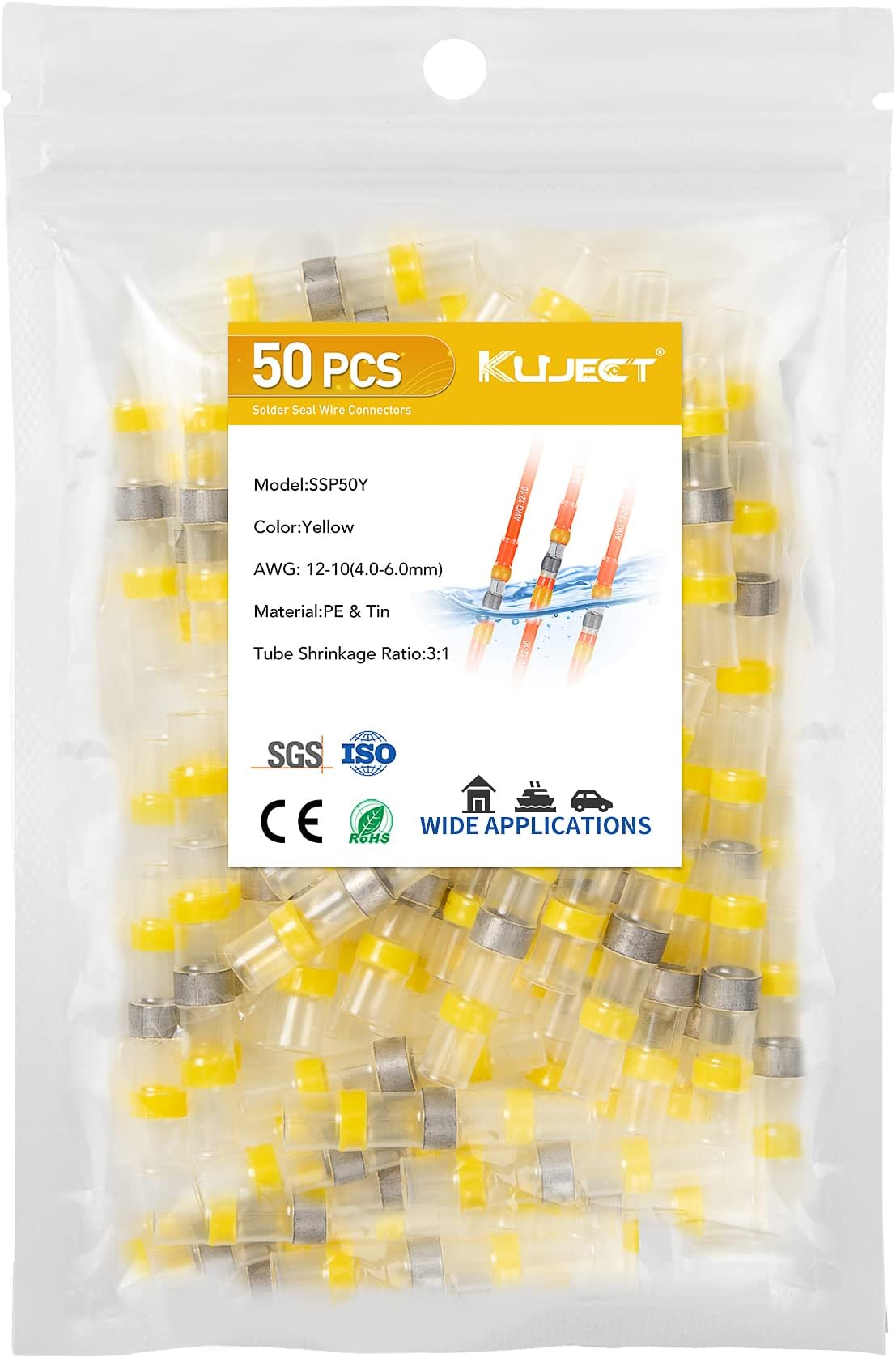 KujectSolder Connector with Heat Shrink Tube, Pack of 50 Cable Connectors Waterproof, Cable Connection 4.0-6.0 mm², AWG 12-10 (Yellow)