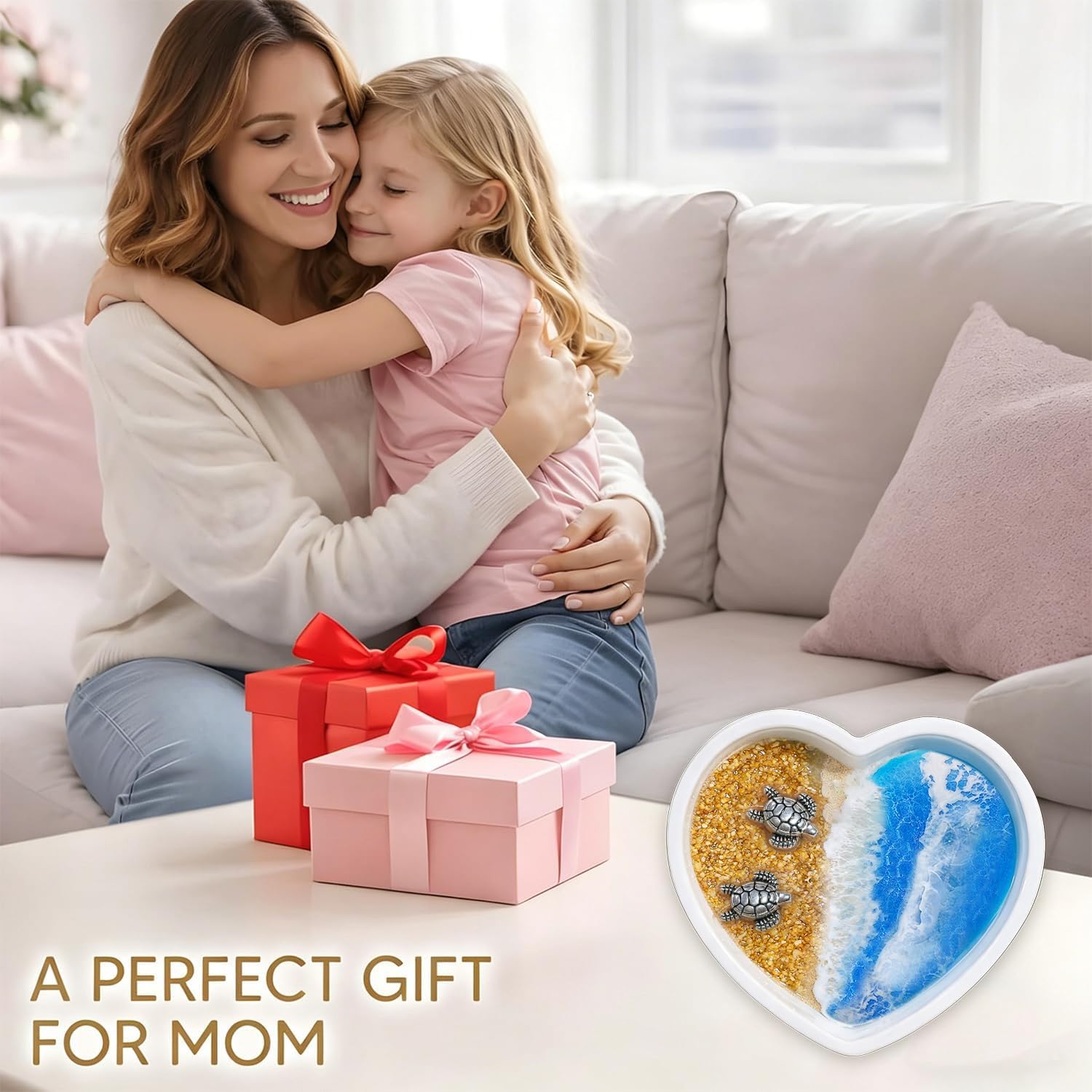 Heart Shaped Sea Turtle Resin Ring Holder, Handmade Ocean Wave Jewelry Trinket Dish, Coastal Beach Decorative Tray for Rings Earrings Necklaces, Cute Turtle Gifts for Women, Birthday, Mother's Day