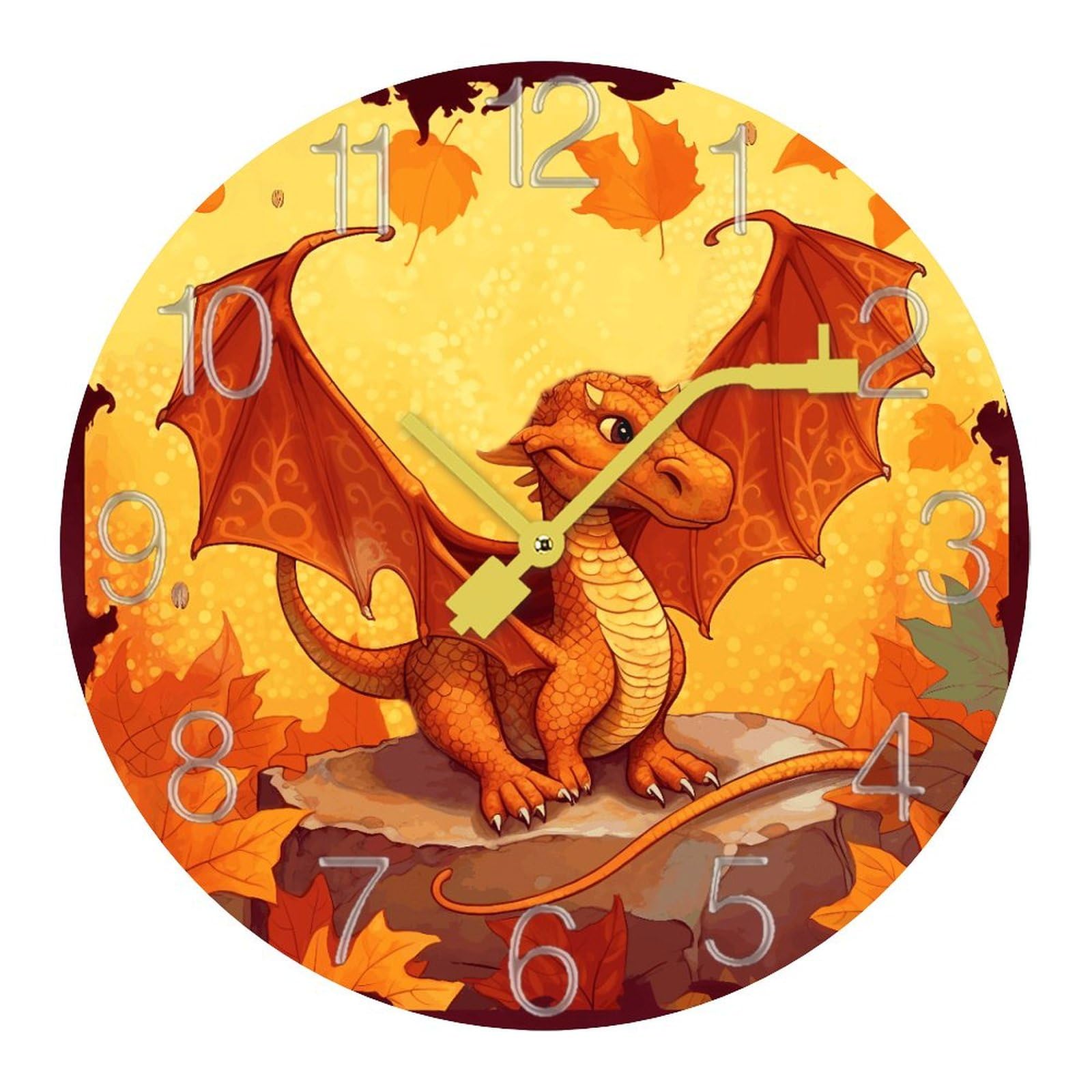 Horloge murale silencieuse dragon orange à piles pour bureau