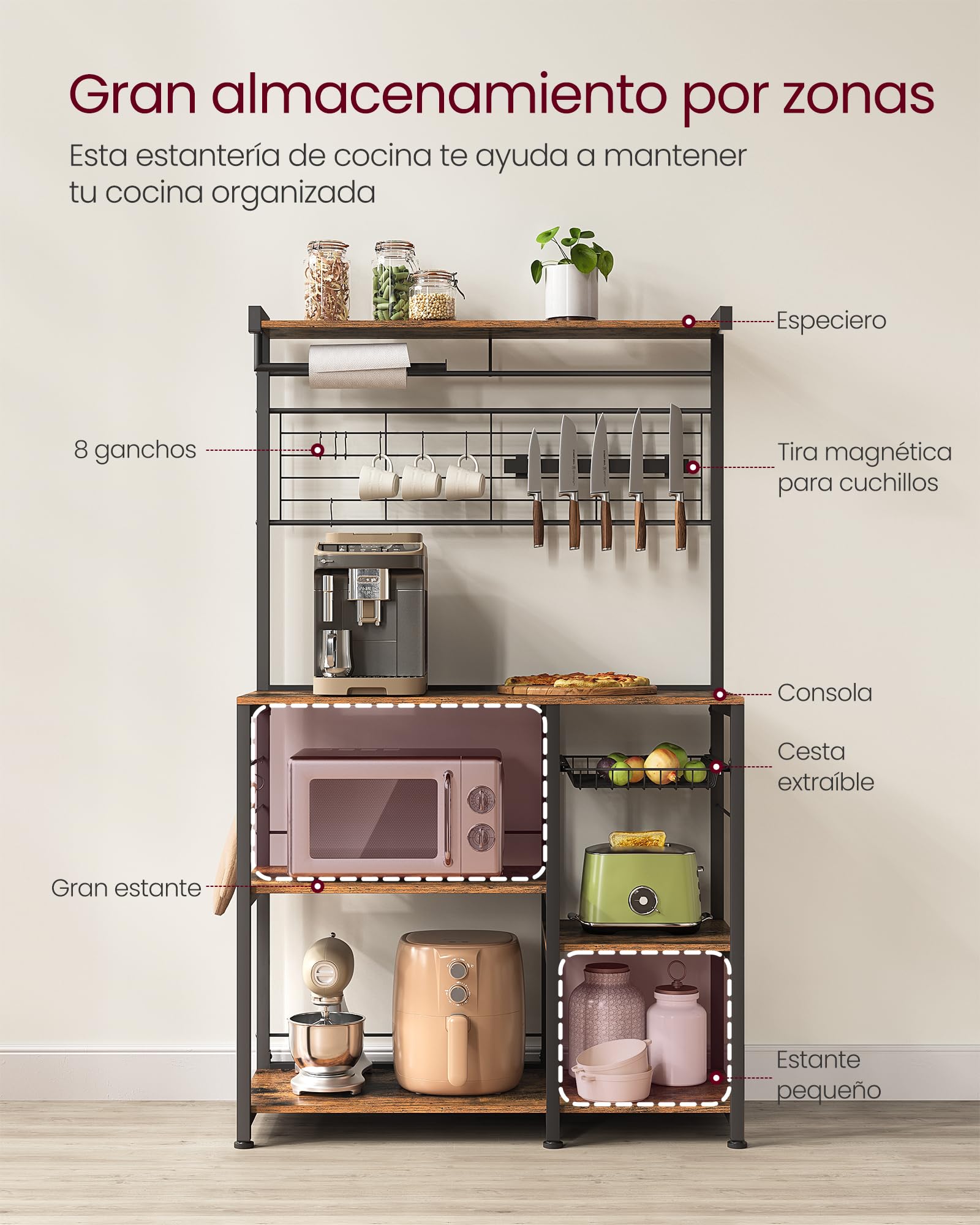VASAGLE Estantería de Cocina, Soporte para Panadería, Isla de Cocina con Tira Magnética de Cuchillo, Cesta de Alambre, Soporte de Papel, 12 Ganchos, Marrón Rústico y Negro KKS026B01