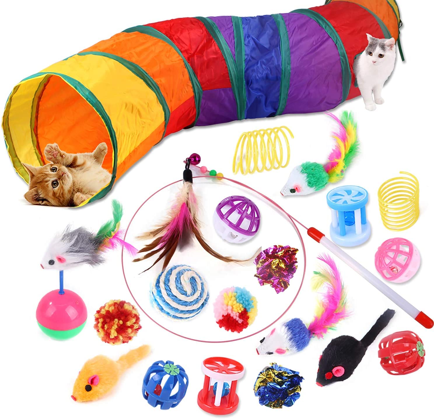 20 Pcs Cat Toys, Kitten Toys for Indoor Cats, Cat Tunnel Interactive Feather Teaser Wand Ball Toy Set for Kitty and Cats