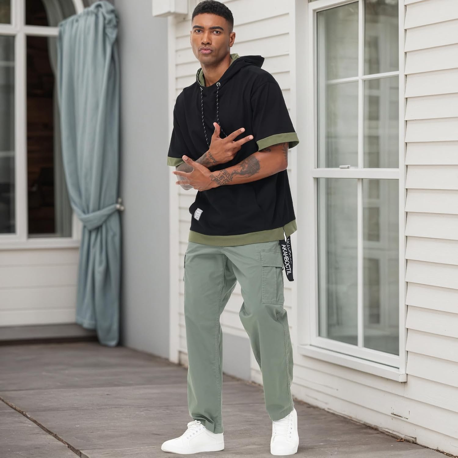 Mens Short Sleeve Hoodie Soft Cotton Color Block Moisture Wicking Big Pocket Hip Hop T-Shirt Hoodie Sports - Image 2