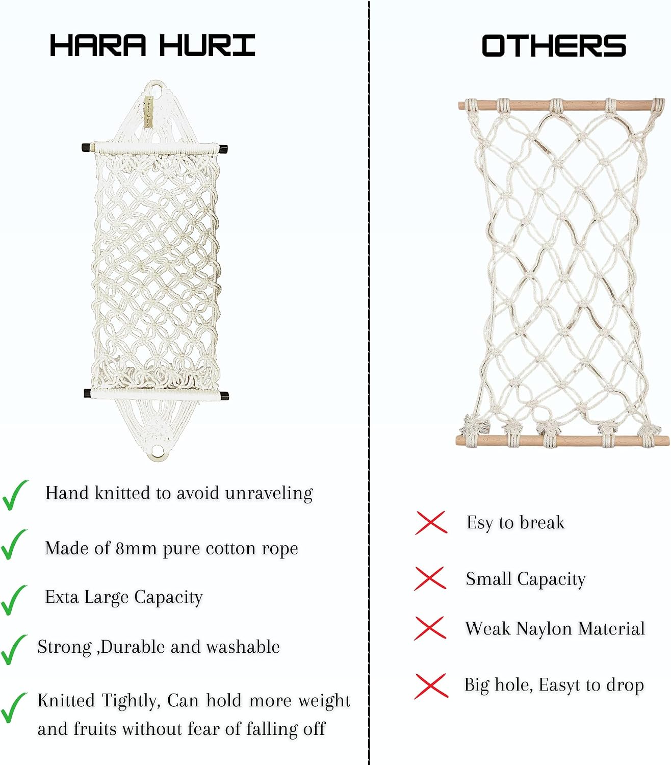 Fruit Hammock Under Cabinet with 2PCS Hook - Macrame Fruit Hammock Cotton with Wooden Rods, 20 Inches - Hanging Fruit Basket Under Cabinet - HaraHuri