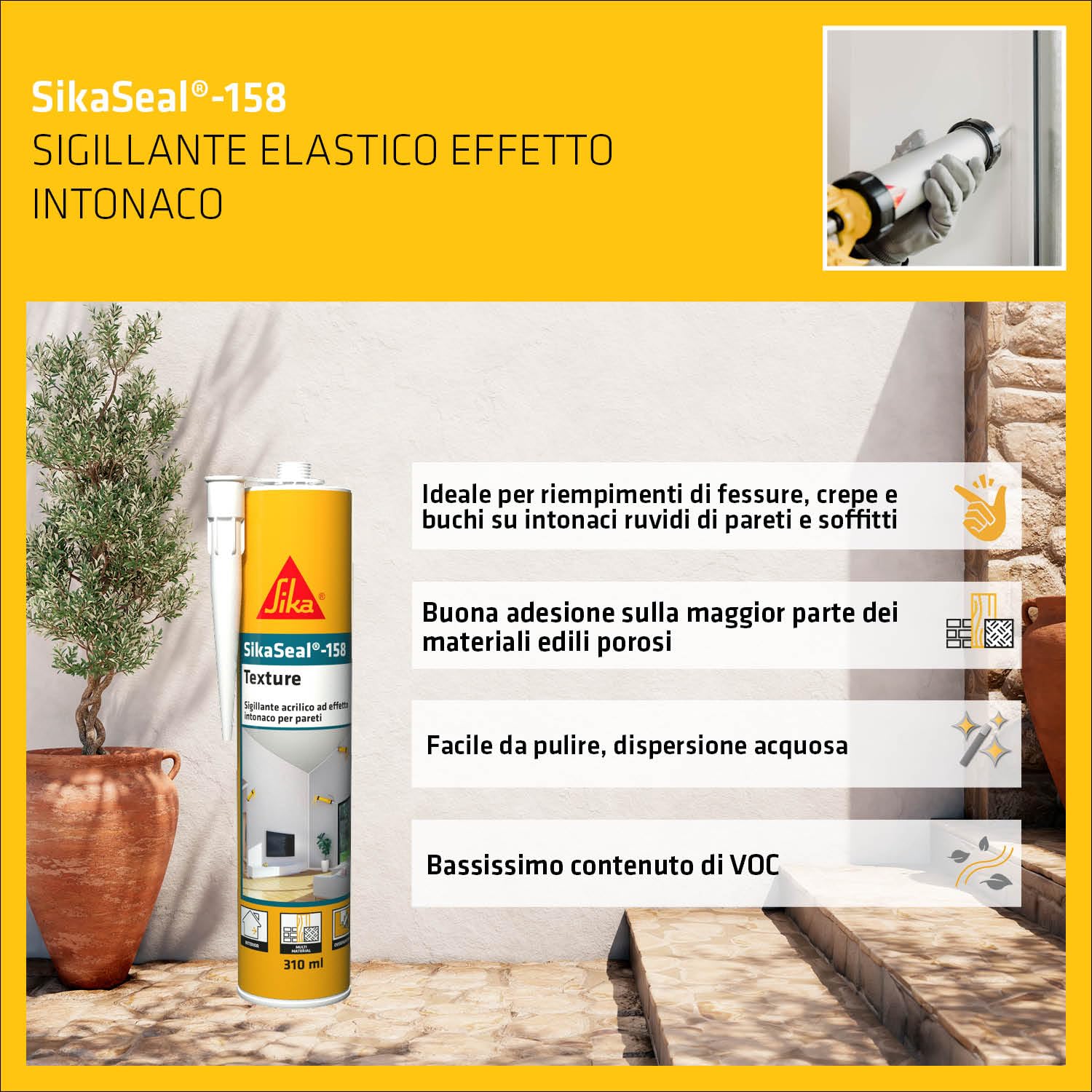 SIKA - Sigillante effetto intonaco - SikaSeal 158 Texture, Bianco - Riempie buchi e crepe nei muri in modo invisibile - Pronto all’uso, si mimetizza perfettamente - 310ml