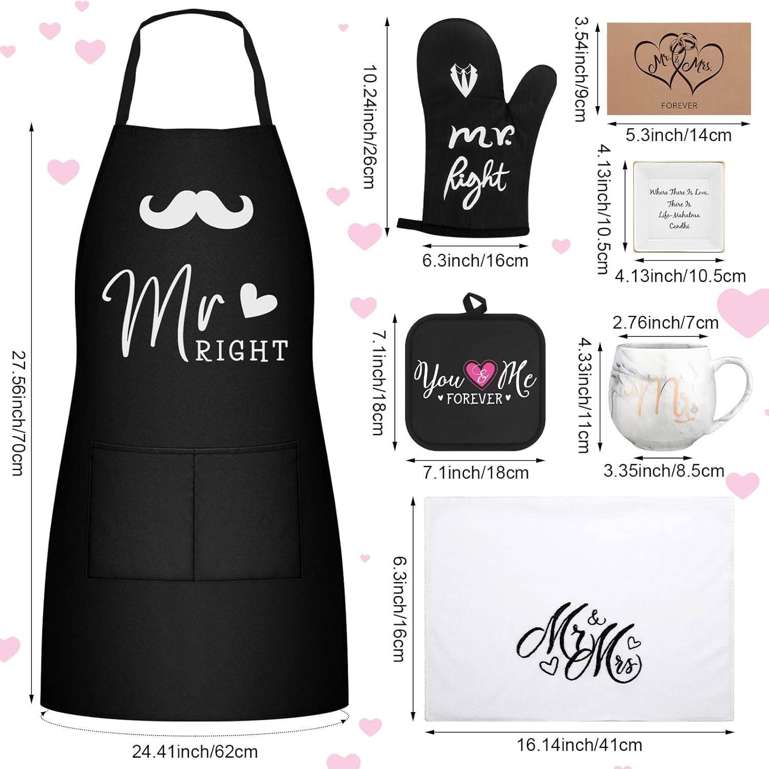 Mepase 10 Pcs Mr and Mrs Aprons Gift Set for Couple Bridal Shower Wedding Christmas Engagement Gift for Couple His and Her Apron Mat Mug Gloves Jewelry Plate Dish Towel Card Groom Kitchen Cook Present