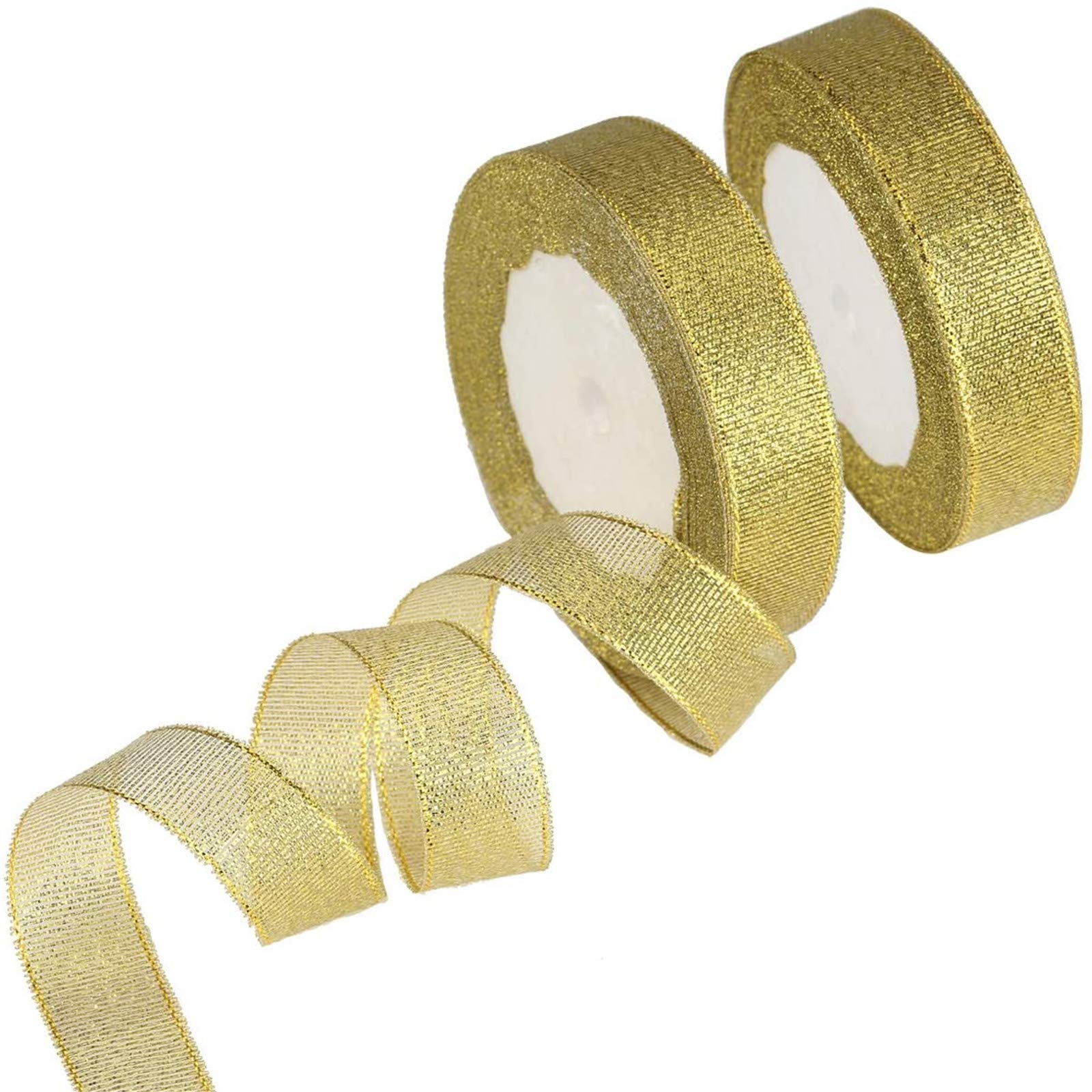 1" Wide Metallic Glitter Ribbon, Sparkly Satin Ribbon for Gift Wrapping Wedding Party Brithday Christmas Decoration, 2 Rolls x 25yards (Gold)