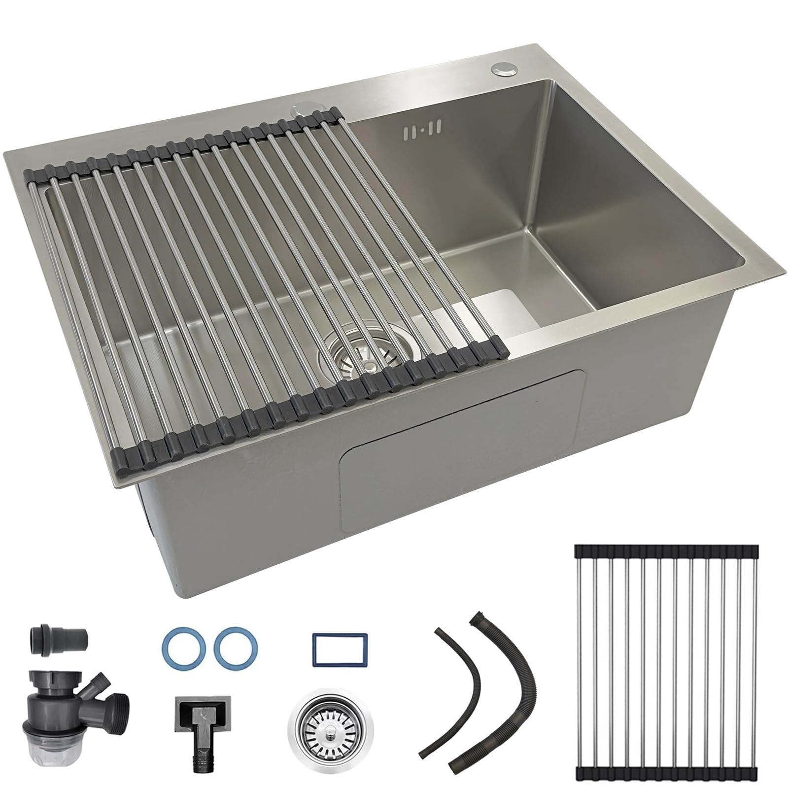 Lavello da Cucina Spazzolato 55 x 45 cm, Superficie AntiGraffio, lavello in Acciaio Inox con piletta di Scarico, Include scolapiatti, distributore di Sapone, 1 Vasca Integrata