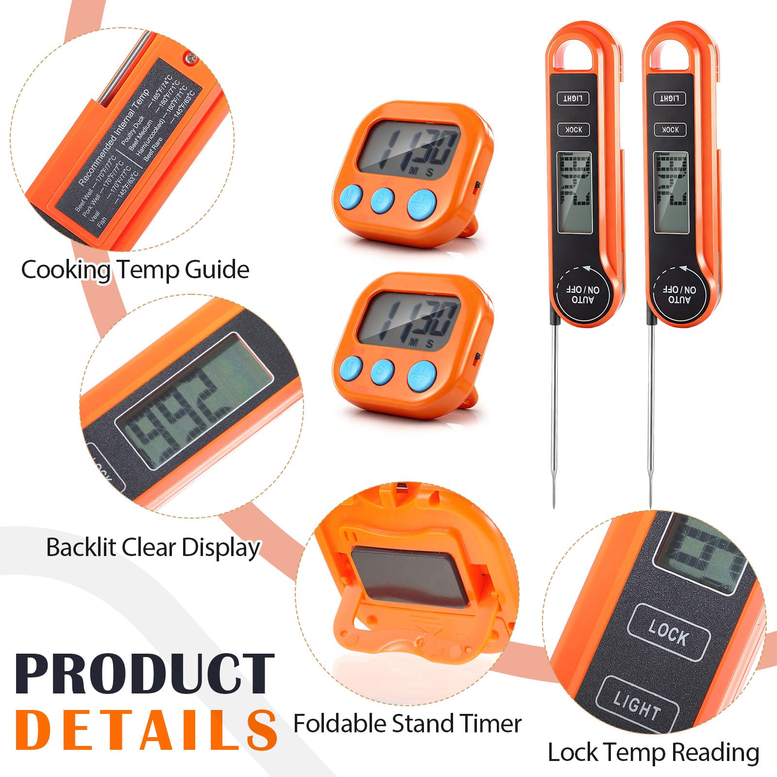 Kingdder Lot de 6/12 thermomètres à viande numériques avec alarme minuterie, thermomètre à lecture instantanée rapide pour la cuisine, la dinde, les grillades, la fabrication de bonbons, Thanksgiving