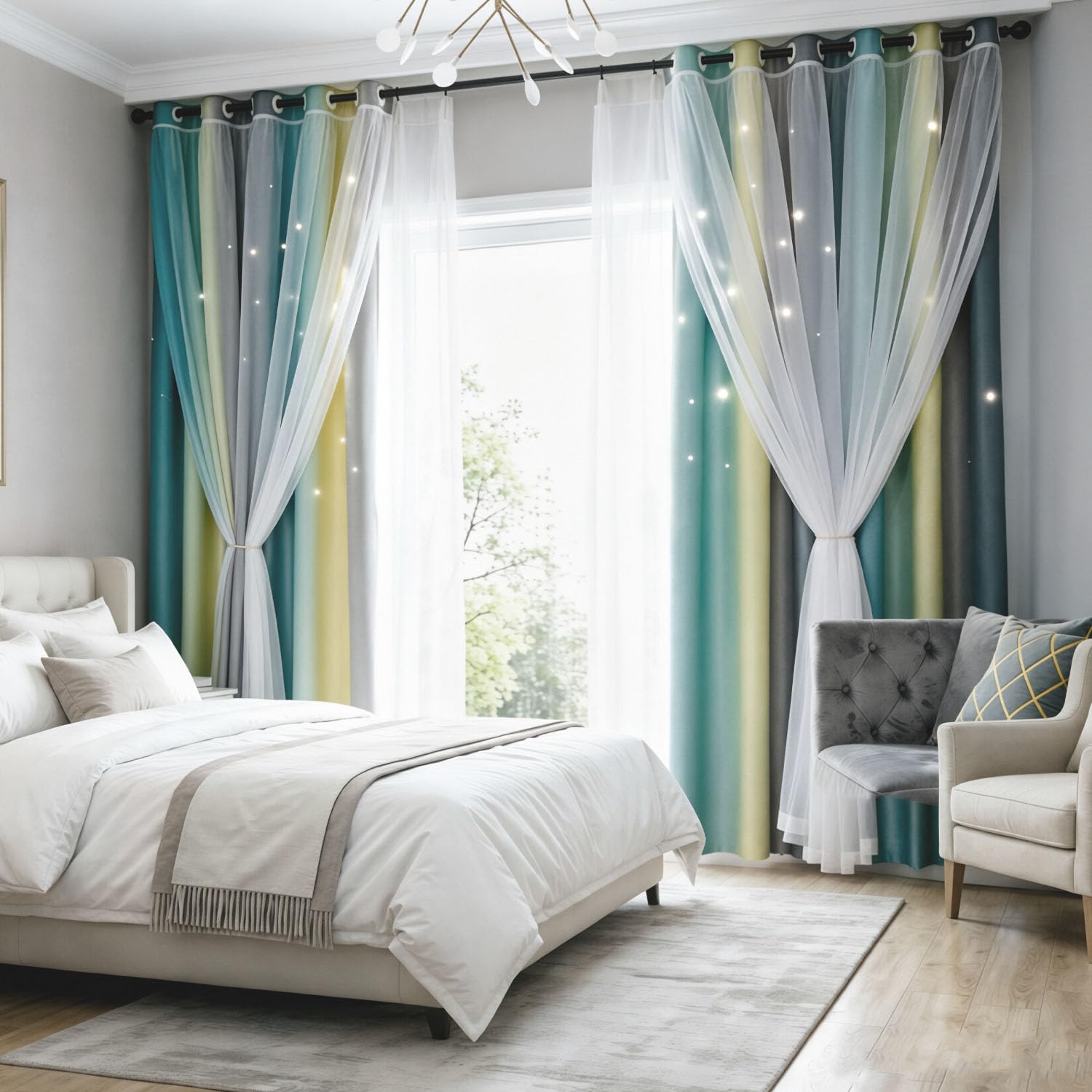 Rideaux Arc-en-Ciel Double Couche, Rideaux occultants dégradés avec étoiles Creuses,Beige,M