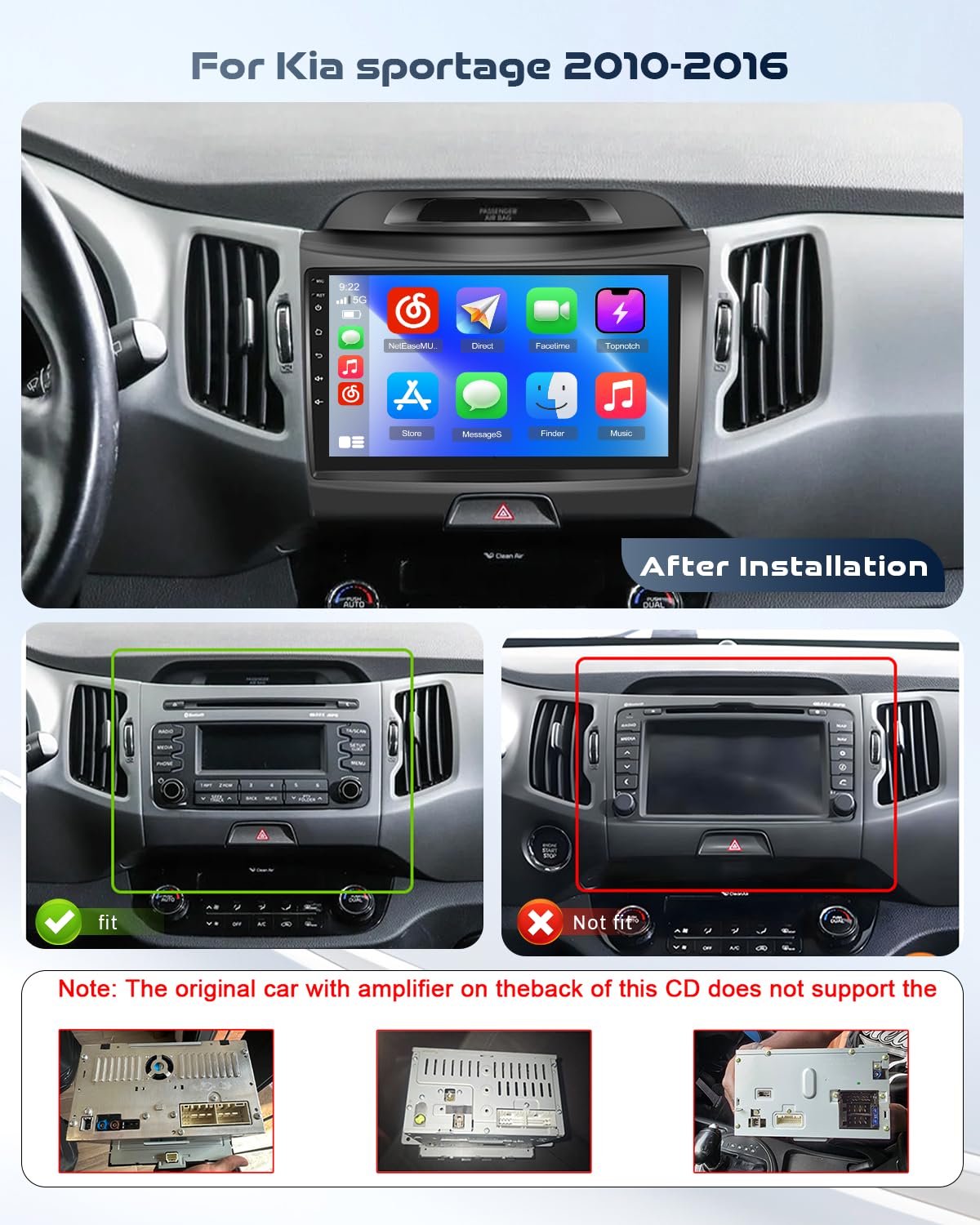 Roinvou Radio samochodowe do Kia sportage 2010-2016 bezprzewodowy odtwarzacz CarPlay Android Auto MirrorLink, 9-calowy ekran dotykowy radia z Bluetooth EQ FM UI SWC Kamera cofania