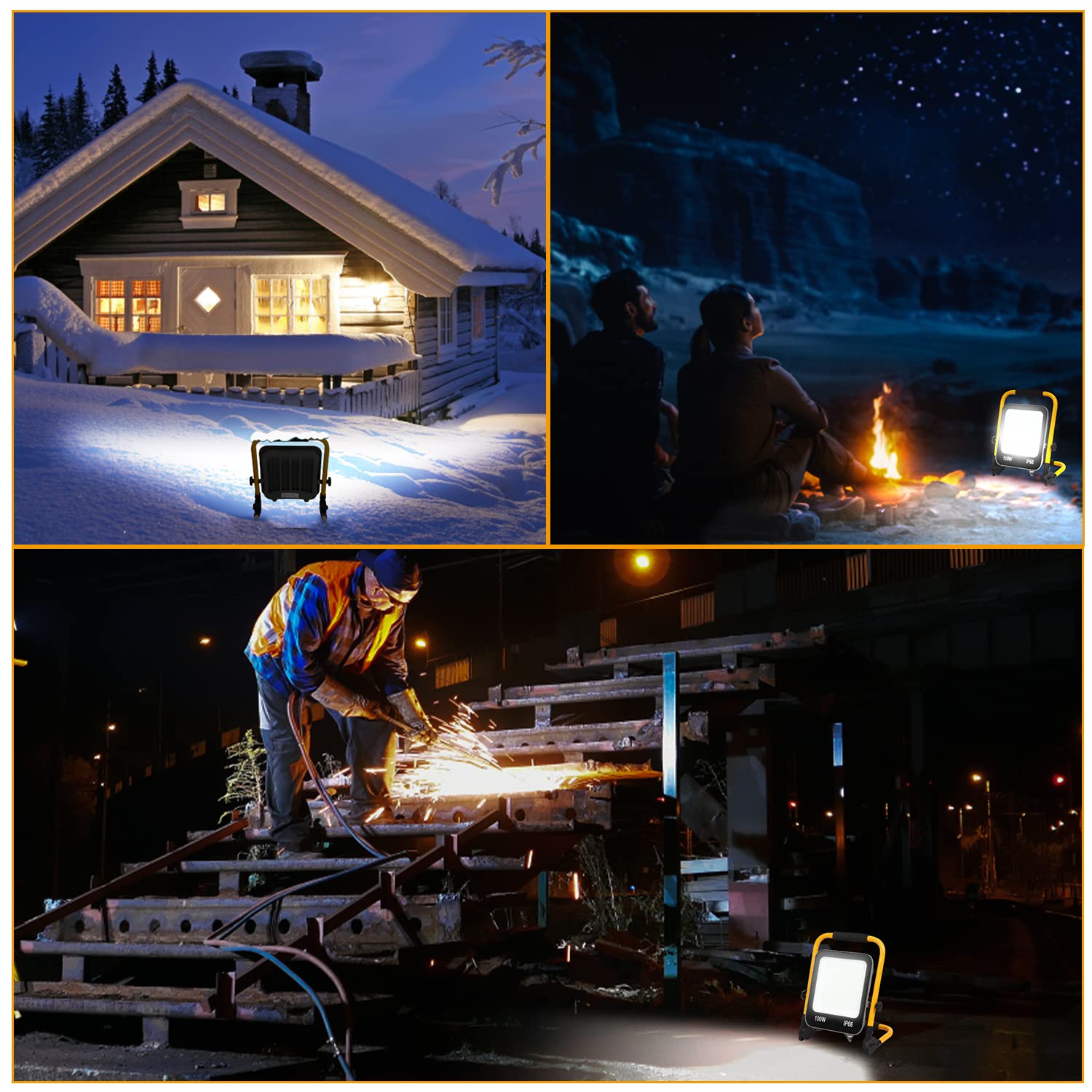 Faretto da costruzione 100W 10000LM, Proiettori per Esterni LED Batteria 6000K Luce diurna bianca, Lampada da cantiere a LED con spina, con cavo 3M e impermeabile IP66
