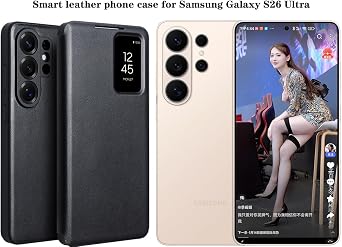 Smart Genuine Leather Cell-phone Case for Samsung Galaxy S26 Ultra. Automatic Sleep/Wake, Mobile Phone Cover, Intelligent Holster for Samsung S 26 Ultra -Black