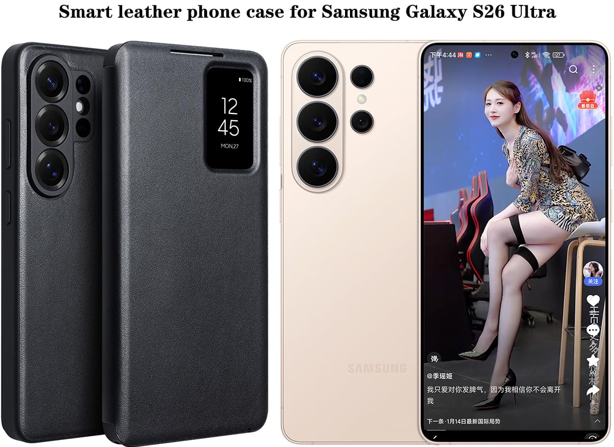 Skórzane Etui Smart do Samsung Galaxy S26 Ultra. Automatyczne Usypianie/Budzenie, Pokrowiec na Telefon, Inteligentny Futerał do Samsung S 26 Ultra -Czarny