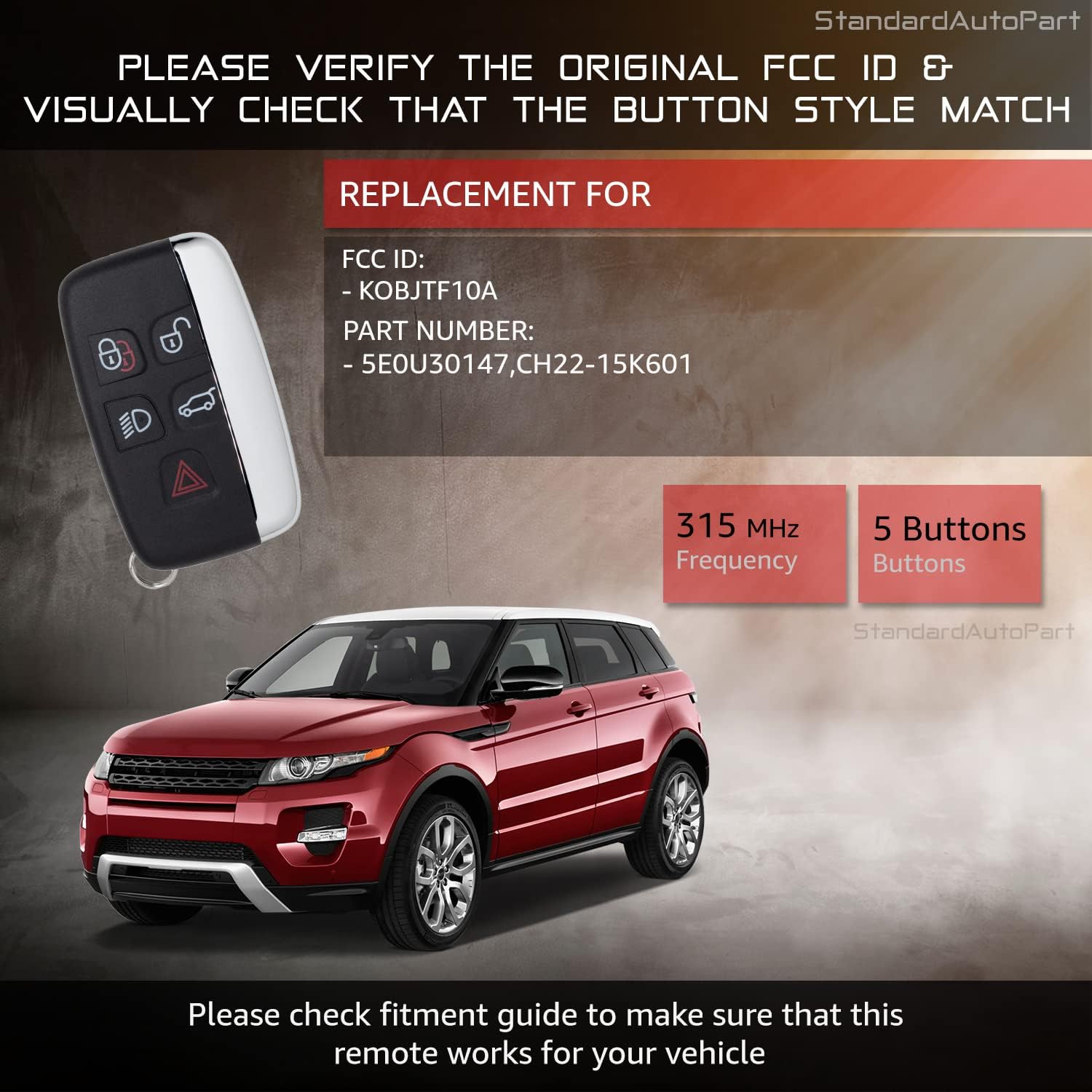 StandardAutoPart Smart Key Remote Shell Case Compatible with Range Rover Sport LR2 LR4 Discovery Evoque KOBJTF10A (Complete Key)