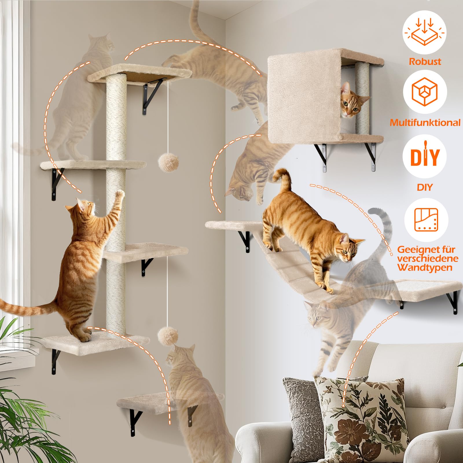 Kletterwand Katzen 10-teilig, Wandmontage Katzenmöbel Set mit Katzenbrücke, Katzenhaus, Kratzbaum & Hängematte, Stabiler Katzentreppe bis 10 kg, Beige