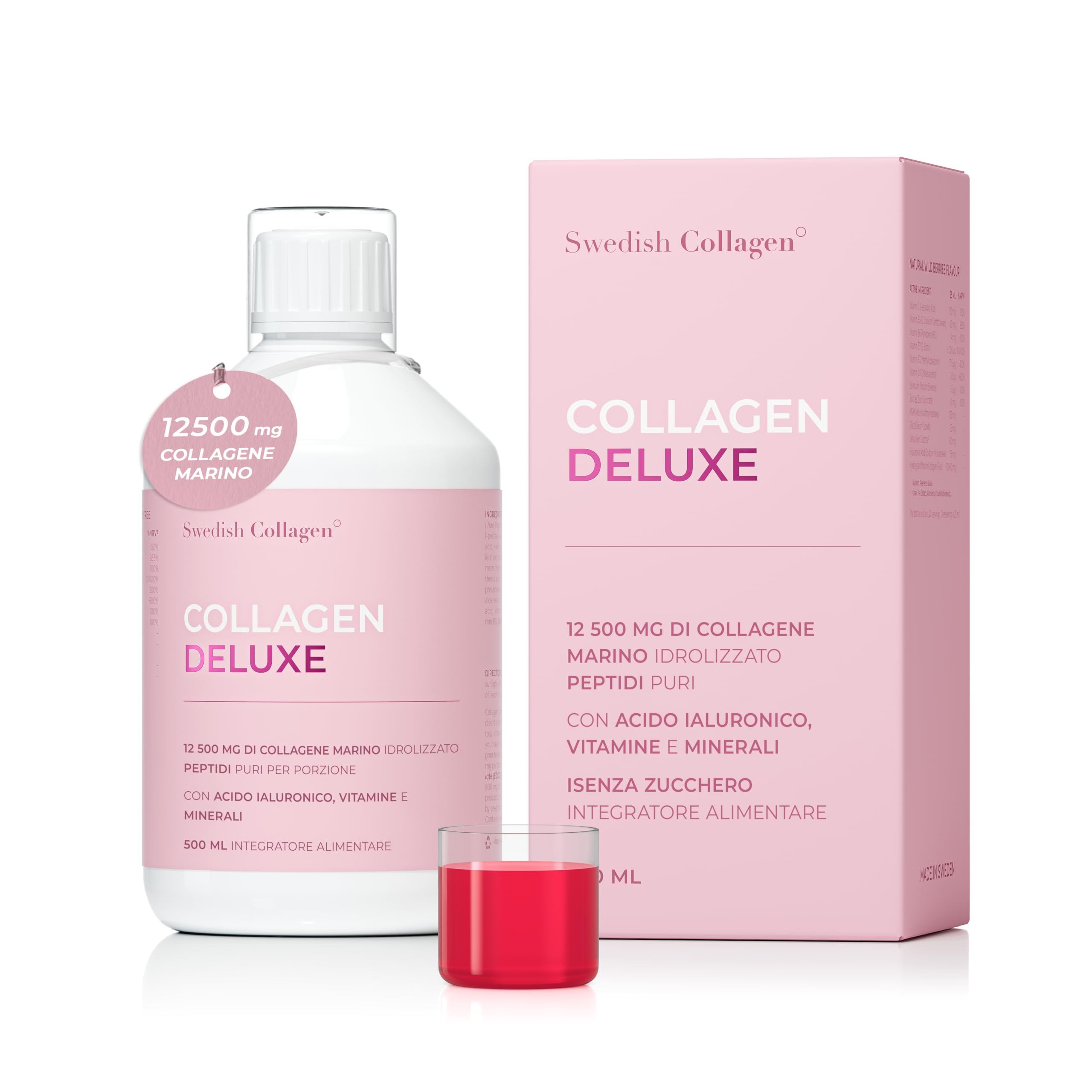 Swedish Nutra Integratore liquido collagene marino 12.500 mg - 500 ml, 20 giorni | Peptidi e vitamine per capelli, pelle, unghie, articolazioni | Senza zucchero | Clinicamente testato