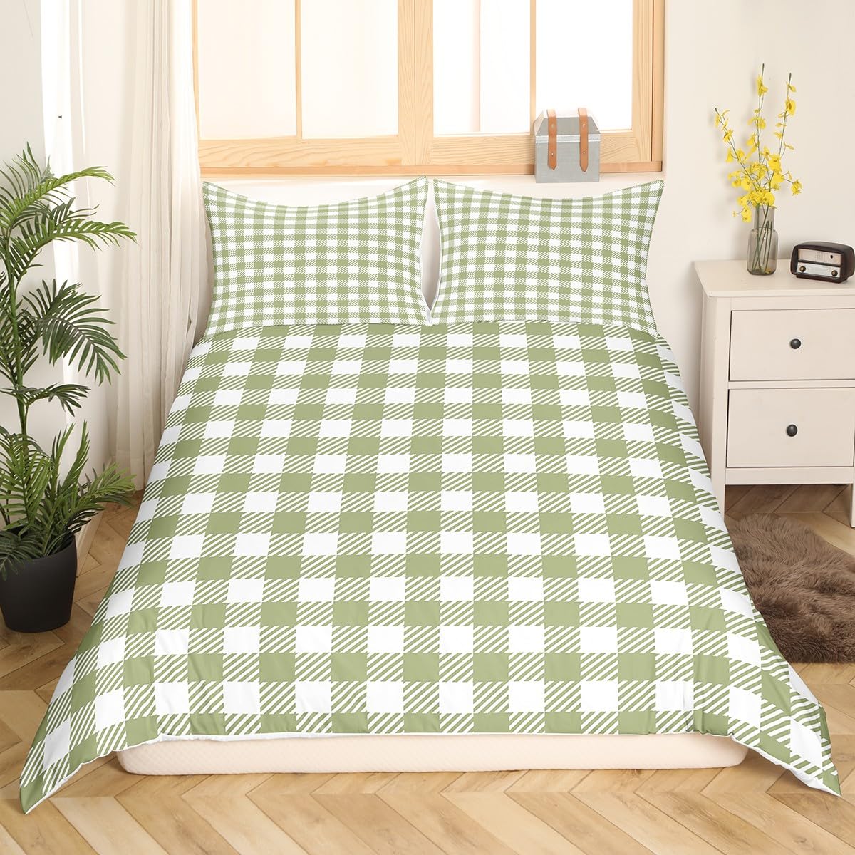 Richhome Boys Multi 01 Green Plaid Buffalo Check Plaid Bedding Duvet Cover Set Classic Gingham Pattern Comforter Cover Set Light Green White Scottish Bedspread Cover Bedroom Quilt Cover 3Pcs King