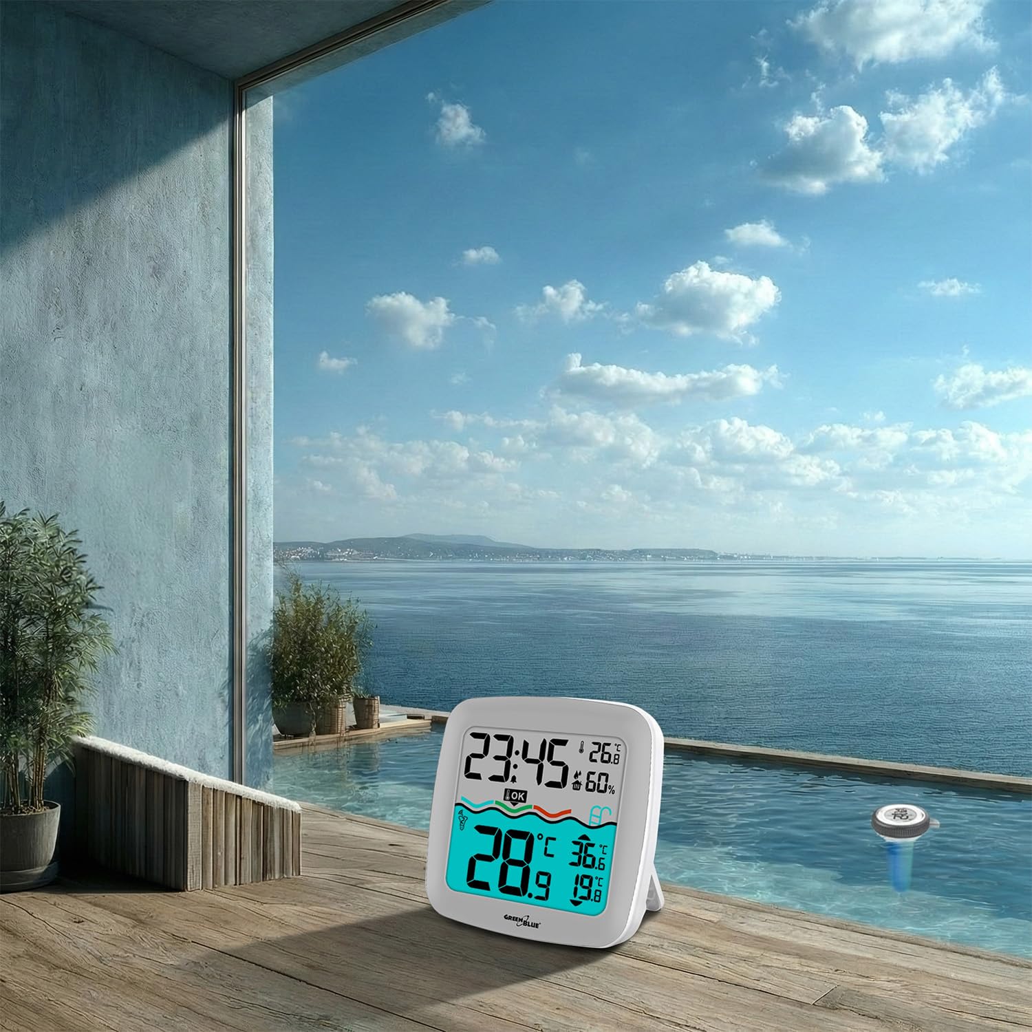 GreenBlue GB216 Stacja Pogodowa z Termomometrem Basenowym Zasięg 60m Czujnik Pływający Temperatura Godzina Kalendarz DCF
